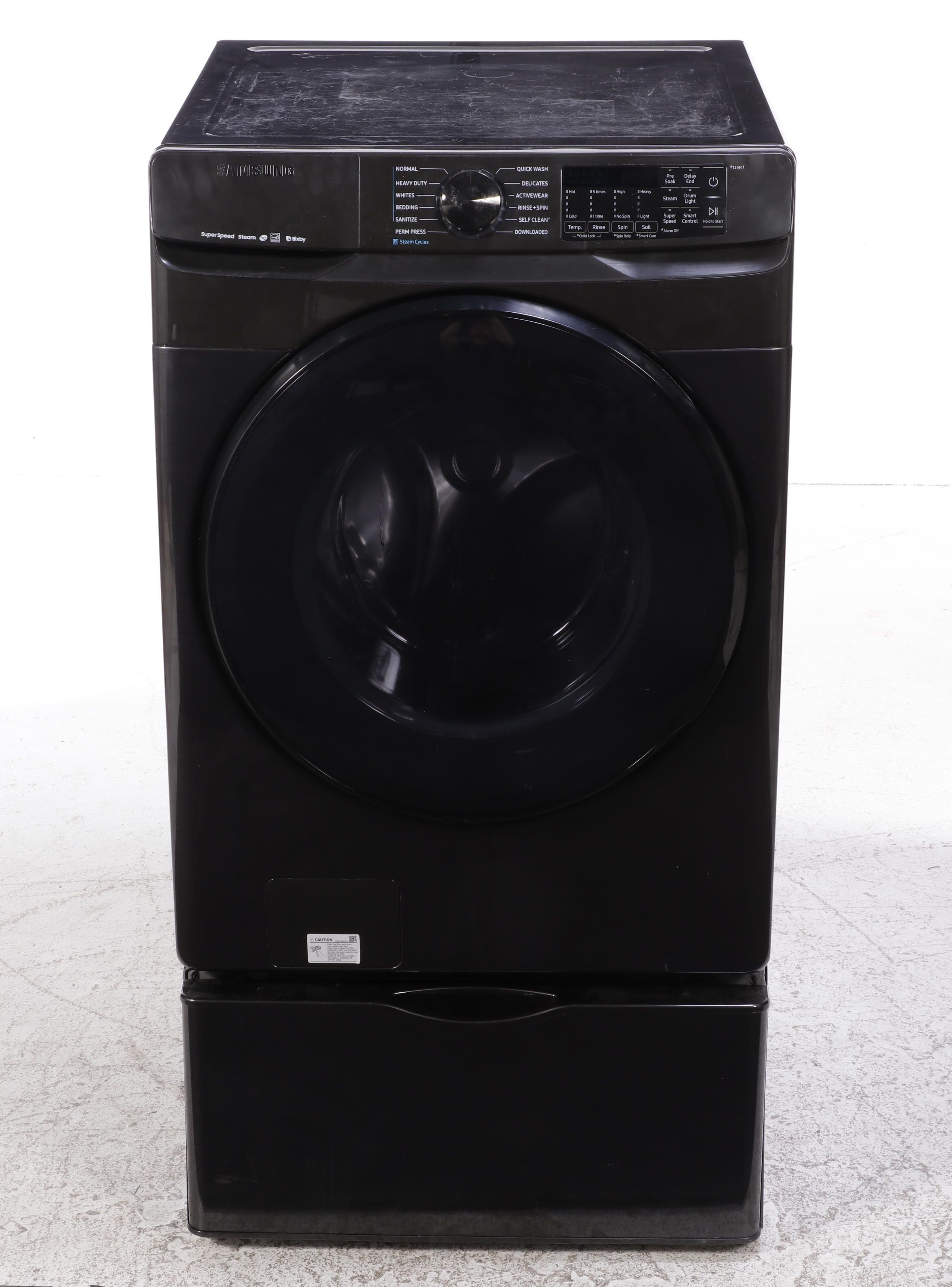 Samsung 5.0 Cu. Ft. Smart Front Load Washer, Pedestal and GE 7.8 Cu. Ft. Dryer