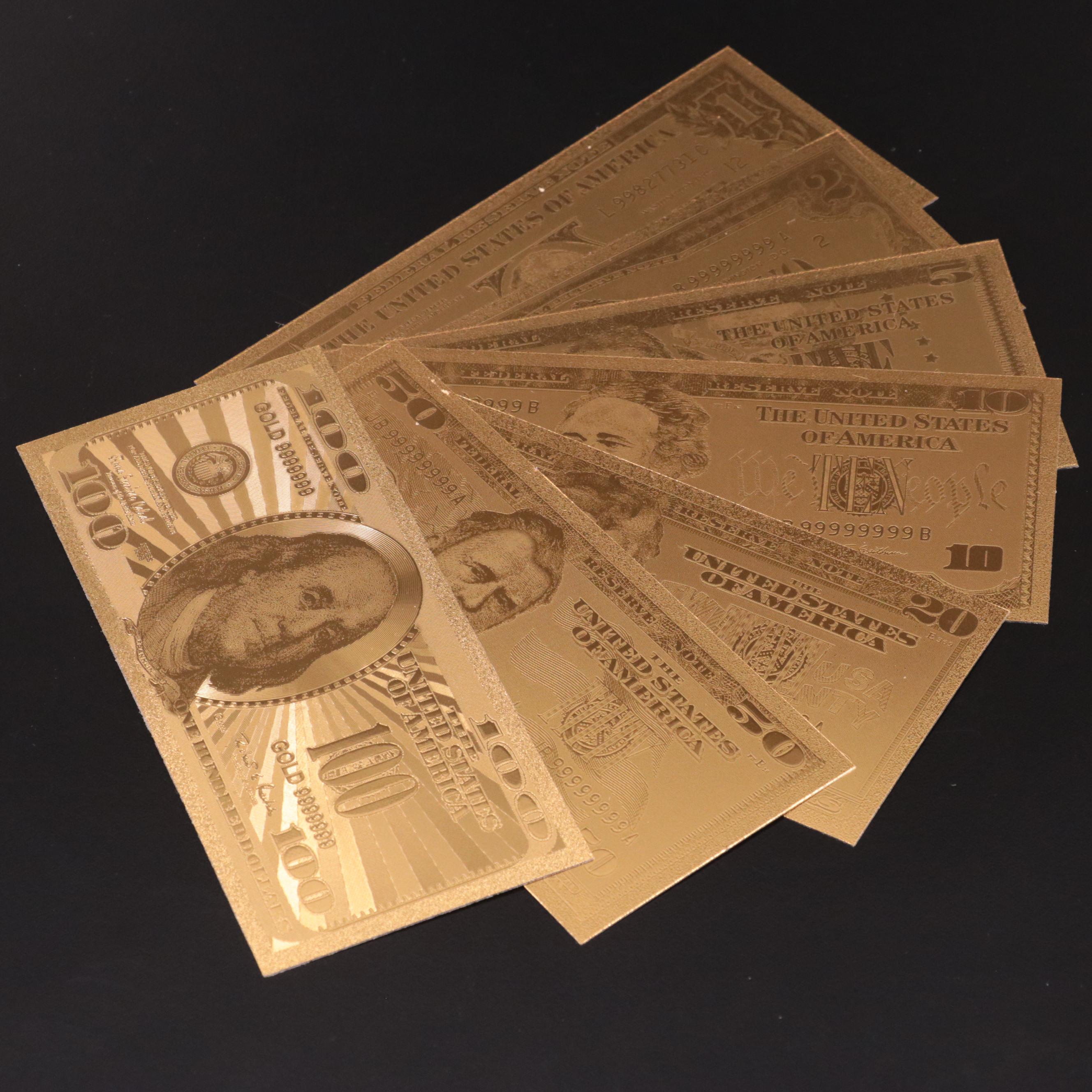 Collection of Seven 24k Gold Foil U.S. Currency Fantasy Notes
