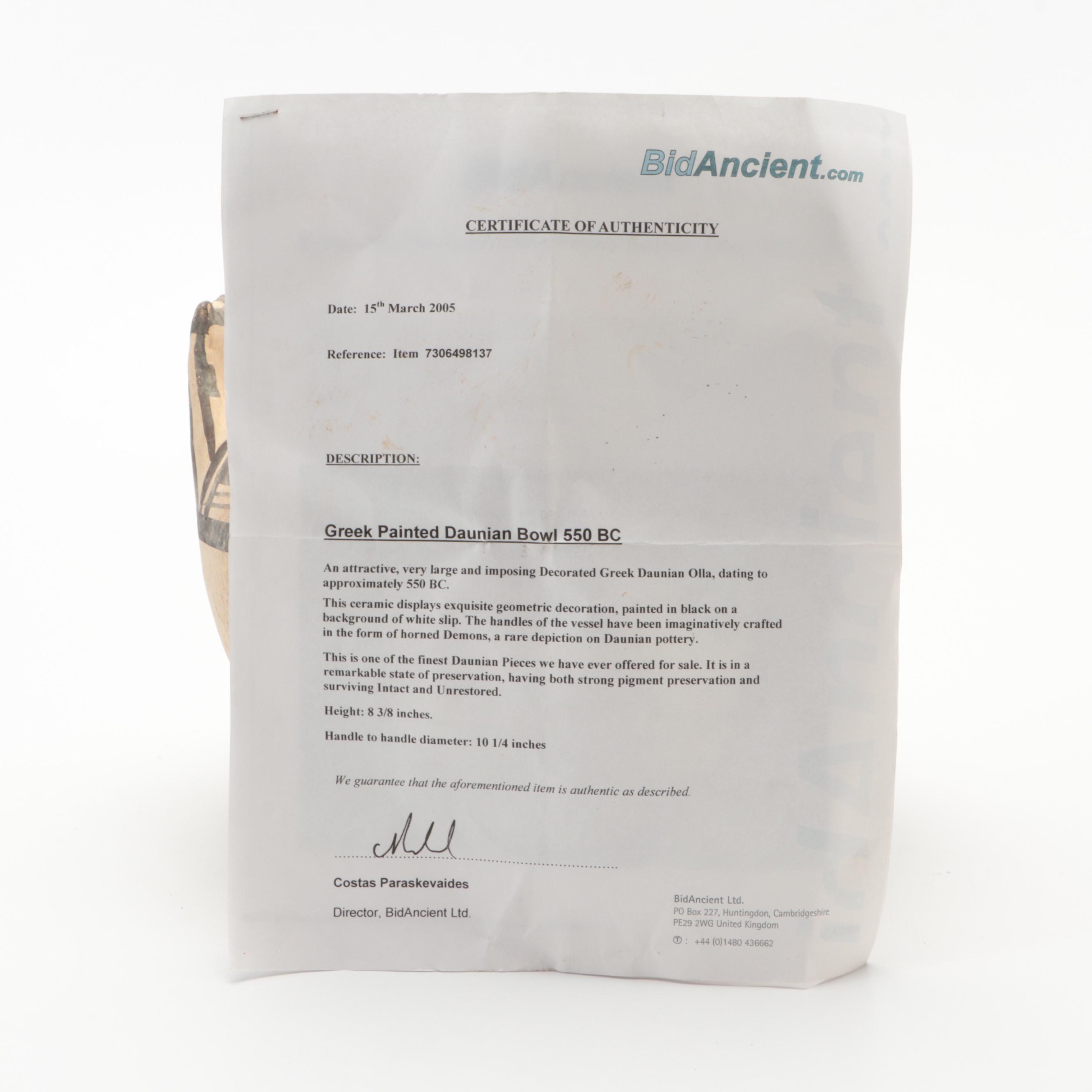 Daunian Black on White Pottery Olla, circa 550 BC