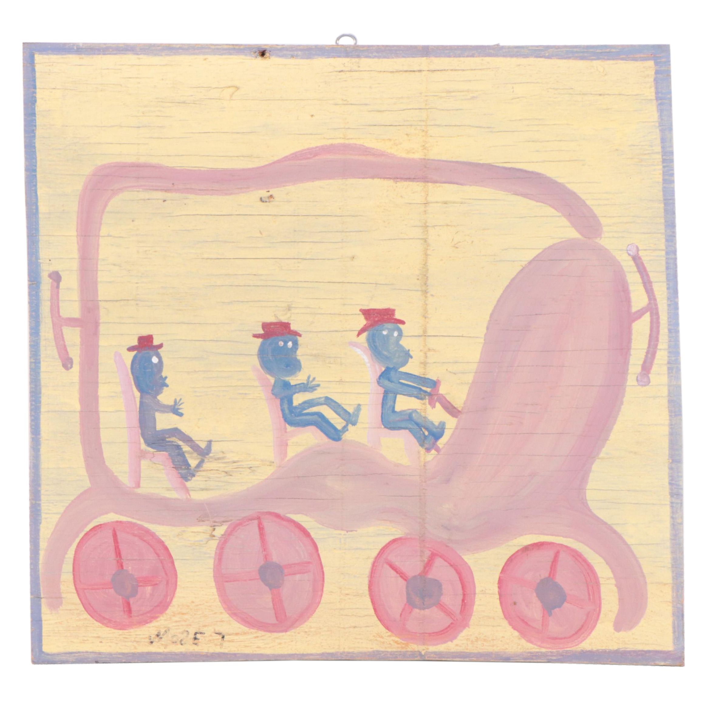 Mose Ernest Tolliver Folk Art Acrylic Painting of Figures in Vehicle