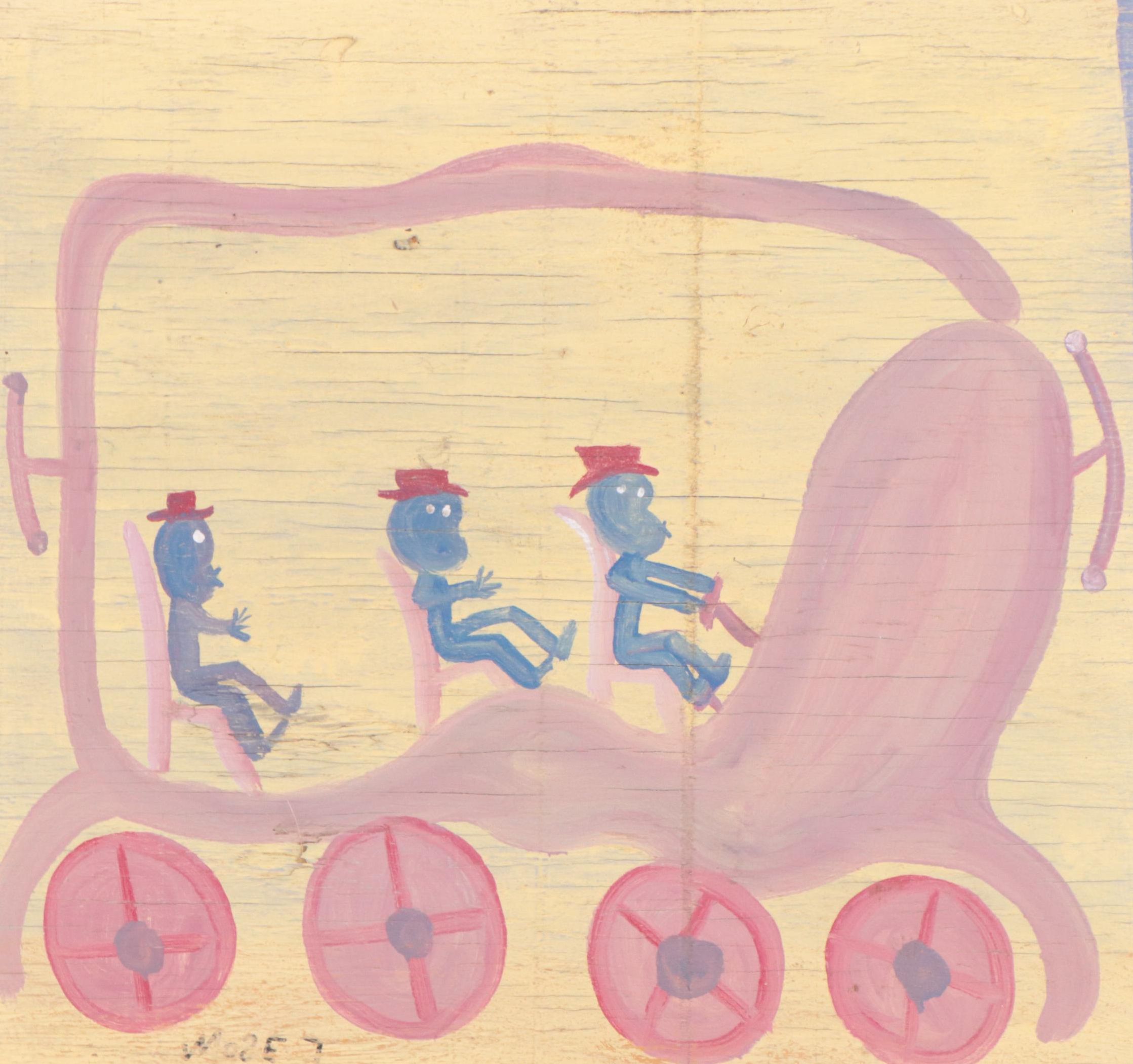 Mose Ernest Tolliver Folk Art Acrylic Painting of Figures in Vehicle