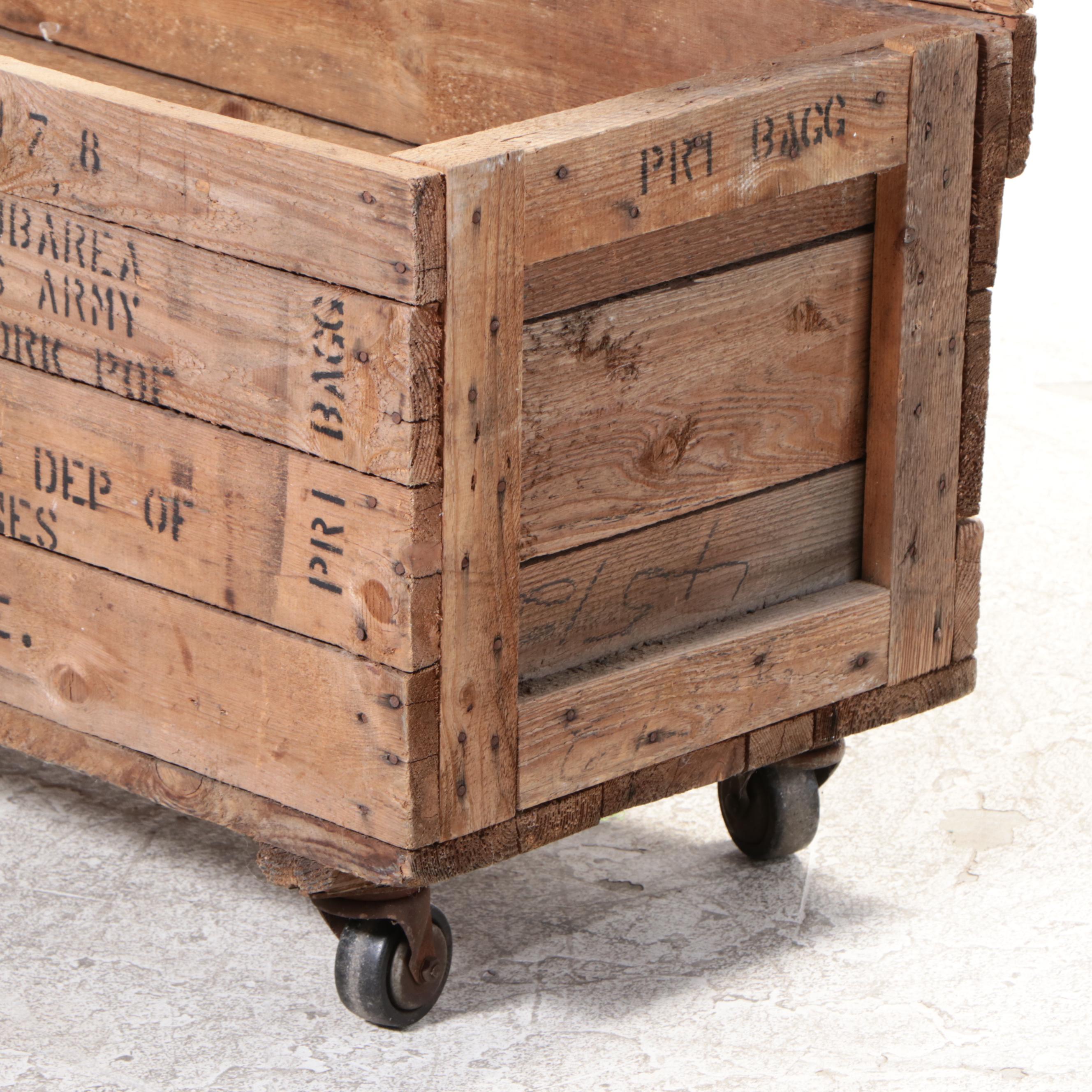Industrial Style Pine Shipping Crate on Wheels, 20th Century