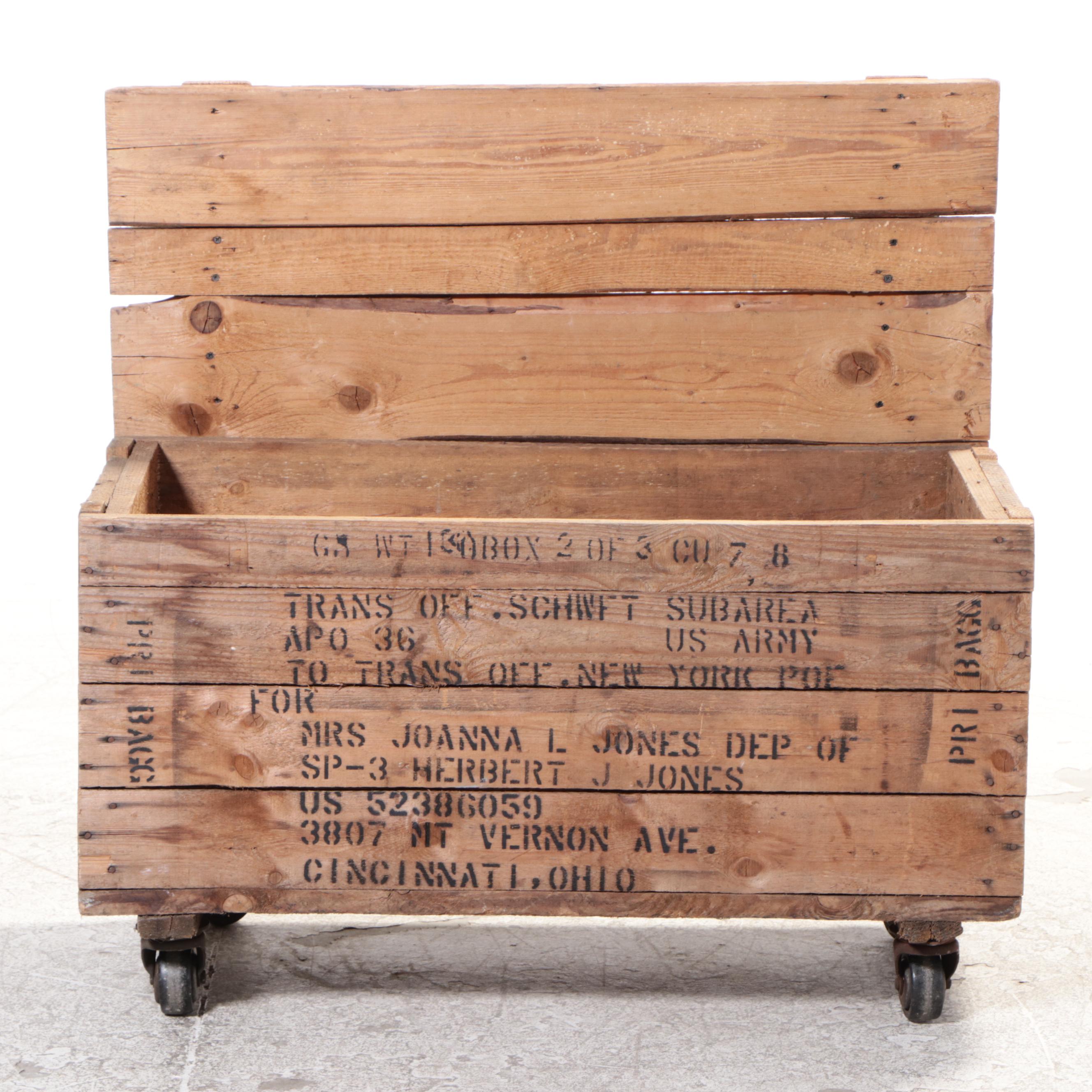 Industrial Style Pine Shipping Crate on Wheels, 20th Century