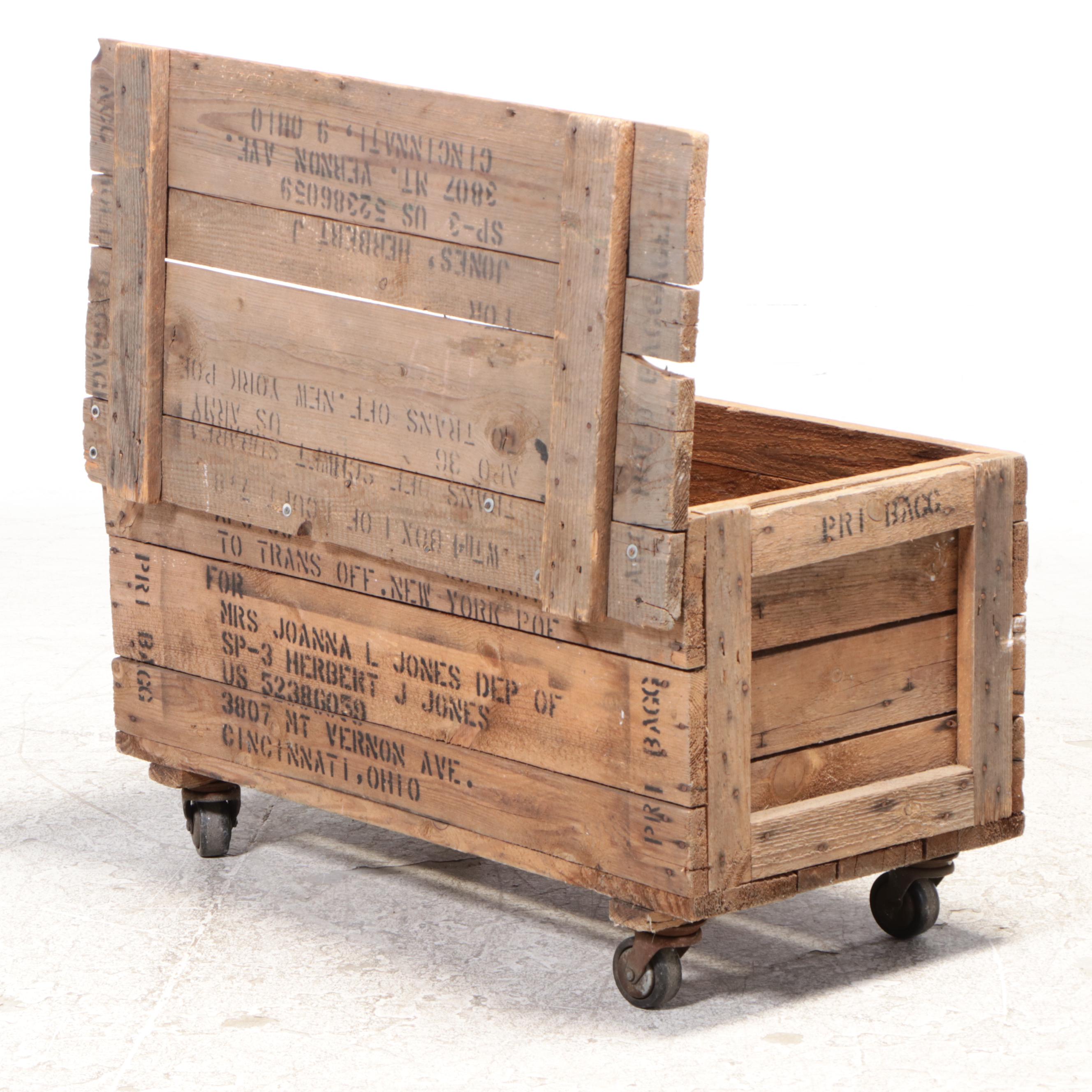 Industrial Style Pine Shipping Crate on Wheels, 20th Century