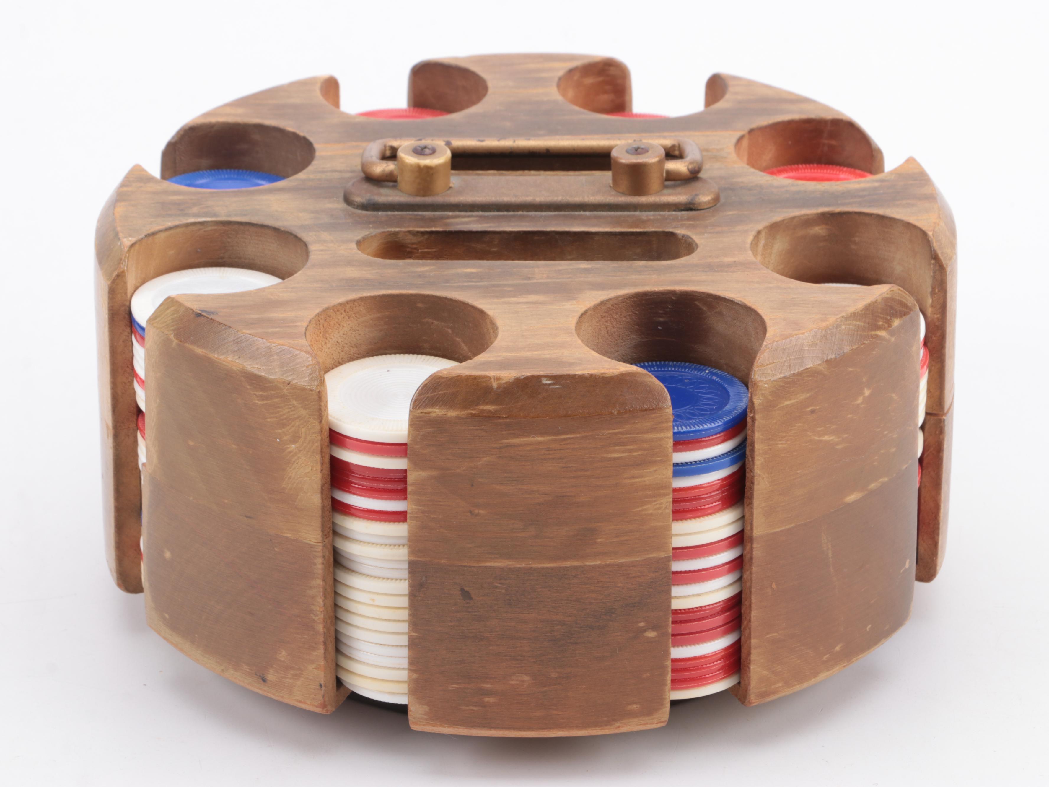 Portable Wood Poker Chip Caddy with Chips and Card Shuffler