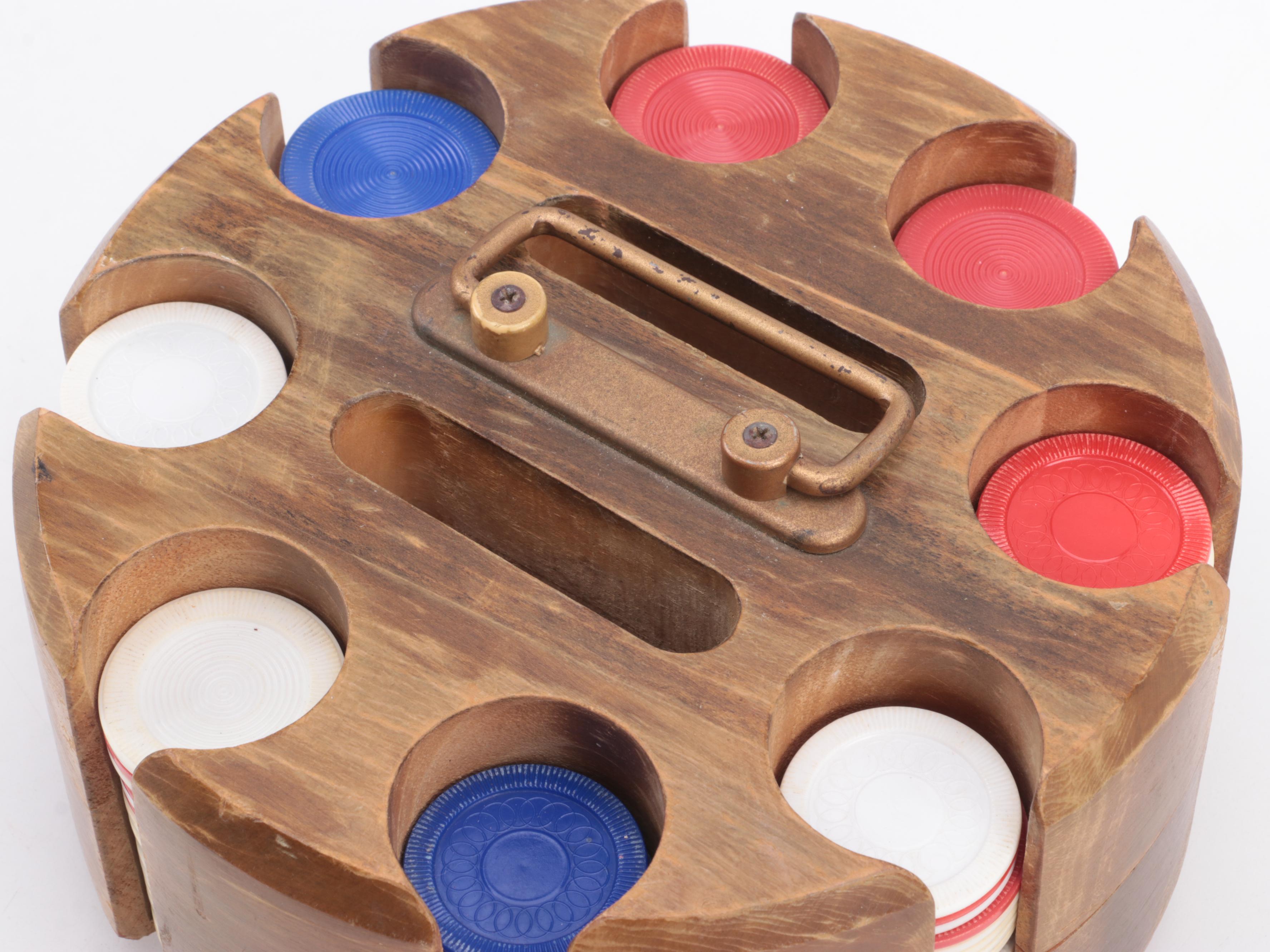 Portable Wood Poker Chip Caddy with Chips and Card Shuffler