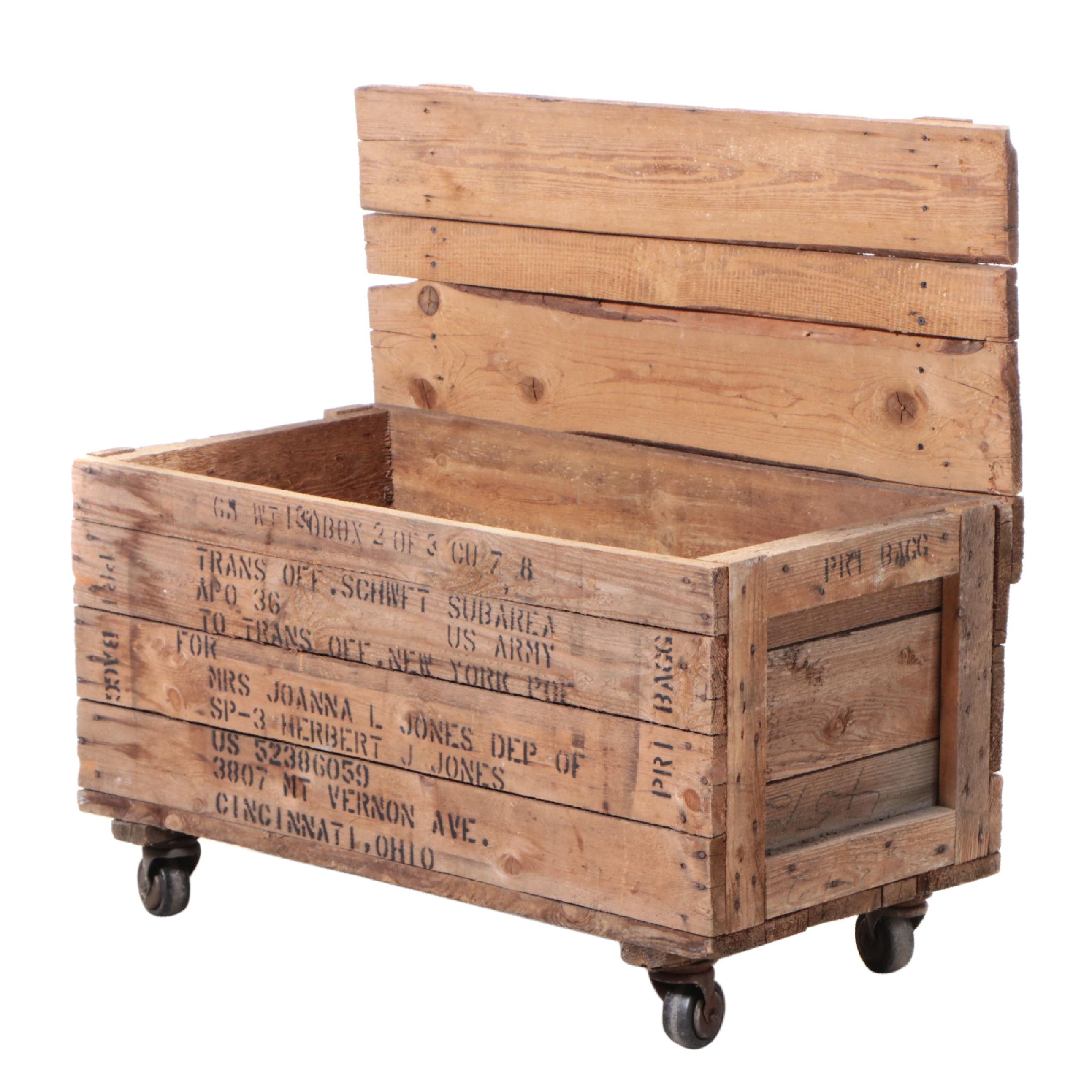 Industrial Style Pine Shipping Crate on Wheels, 20th Century
