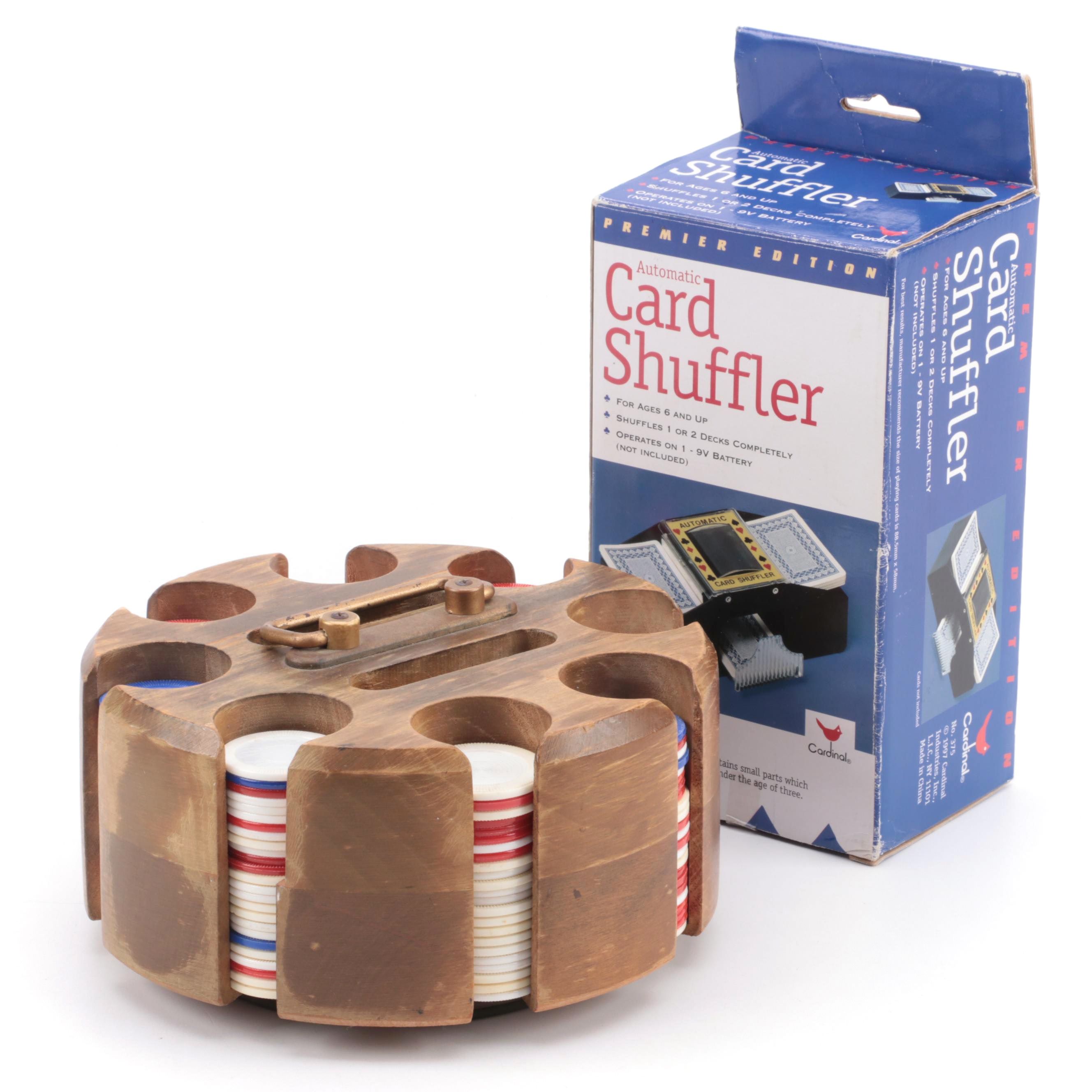 Portable Wood Poker Chip Caddy with Chips and Card Shuffler