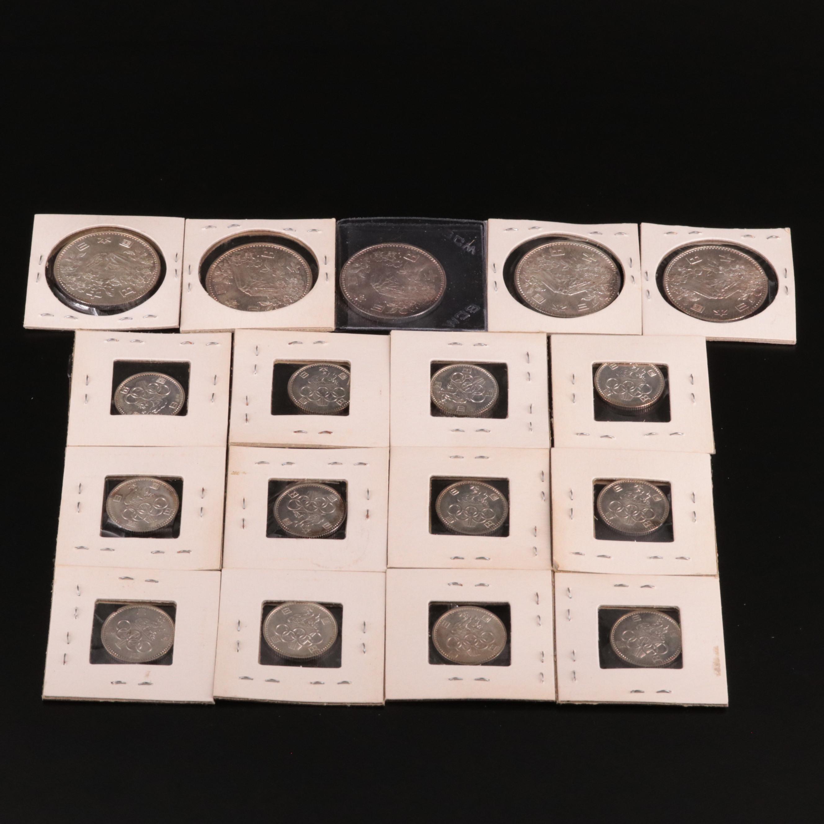 Group of 17 Japanese 1964 Silver 100 and 1000 Yen Olympic Silver Coins