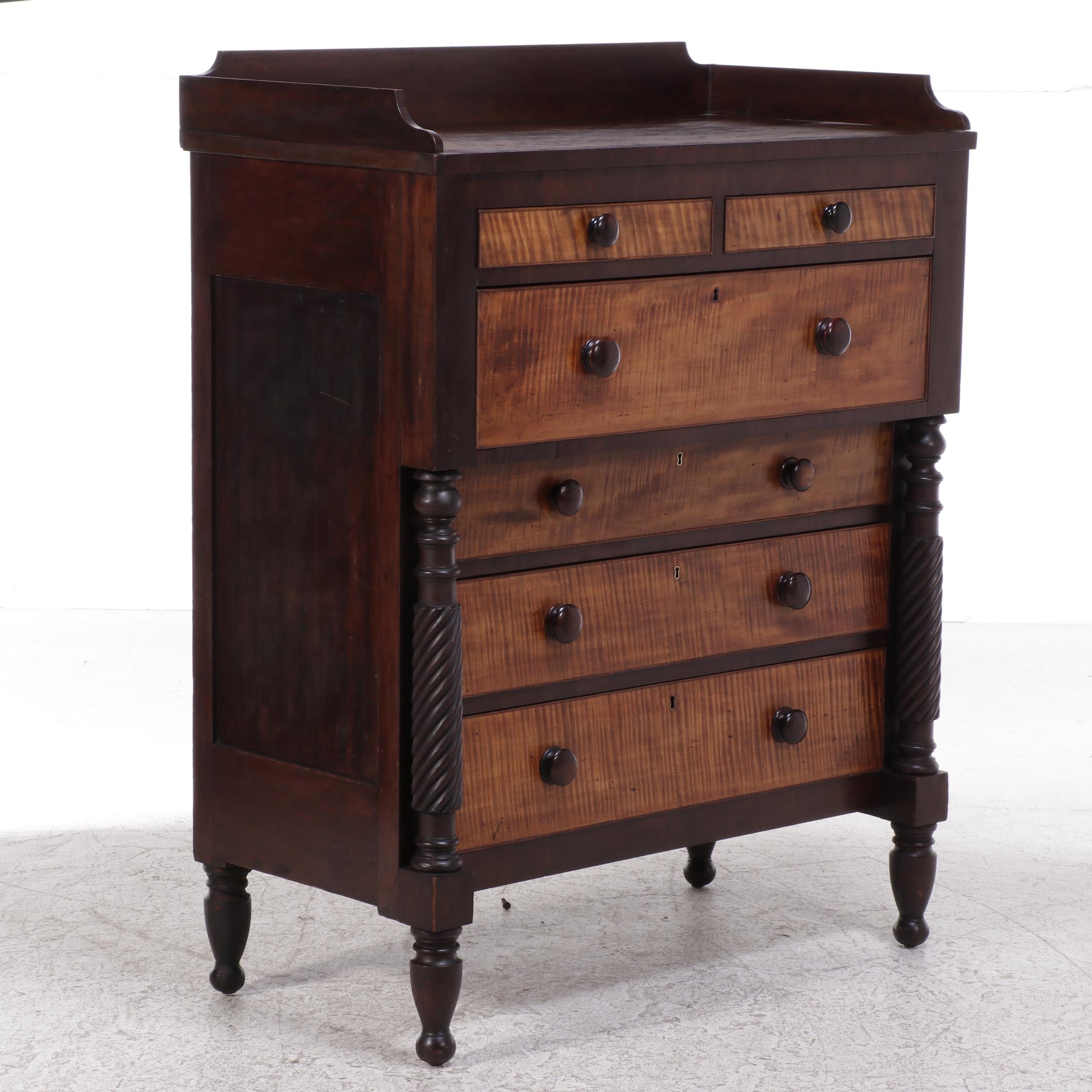 Late Federal Mahogany and Curly Maple Chest of Drawers