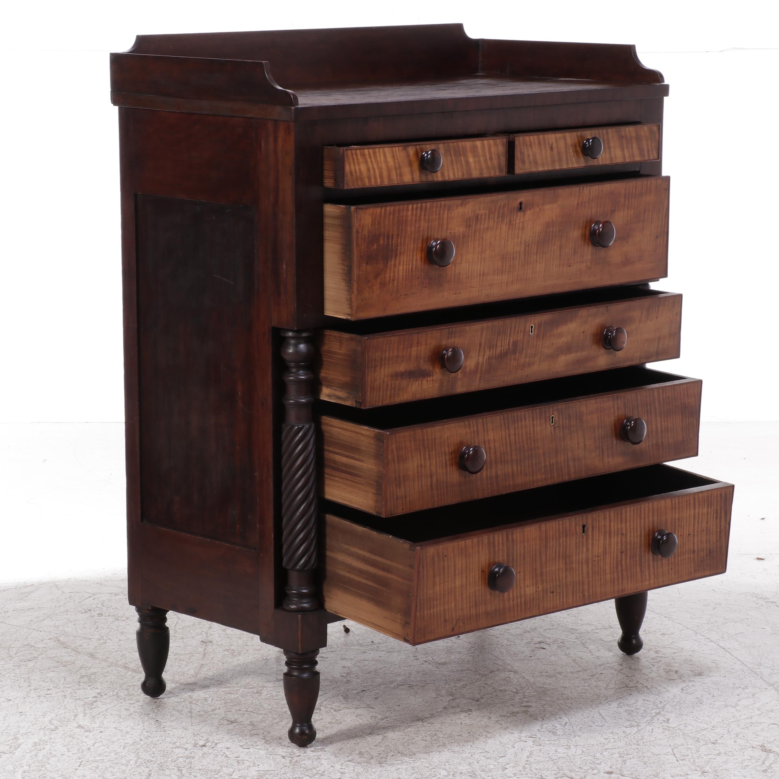 Late Federal Mahogany and Curly Maple Chest of Drawers