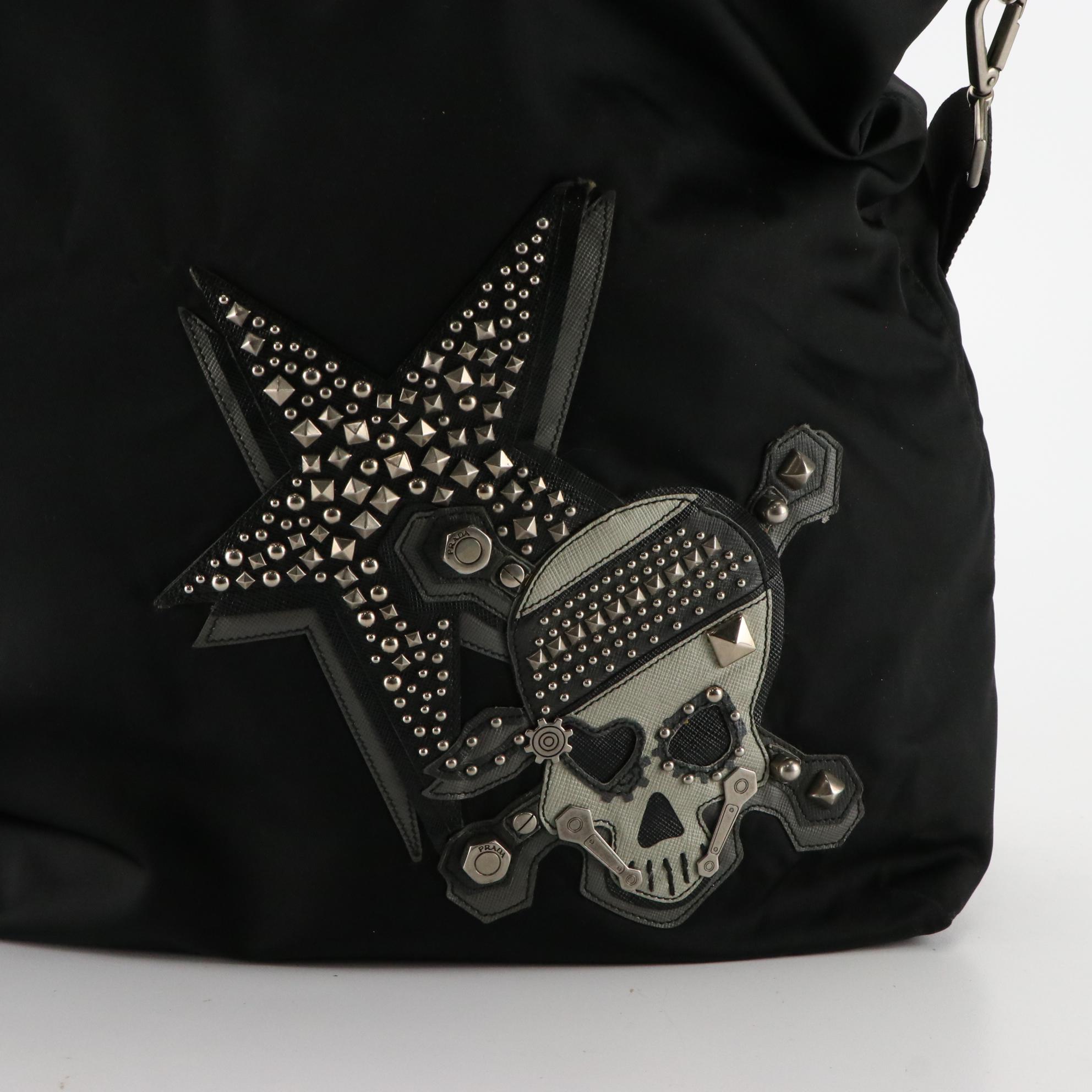 Prada Tessuto Nylon Skull and Crossbones Two-Way Tote with Saffiano Leather Trim