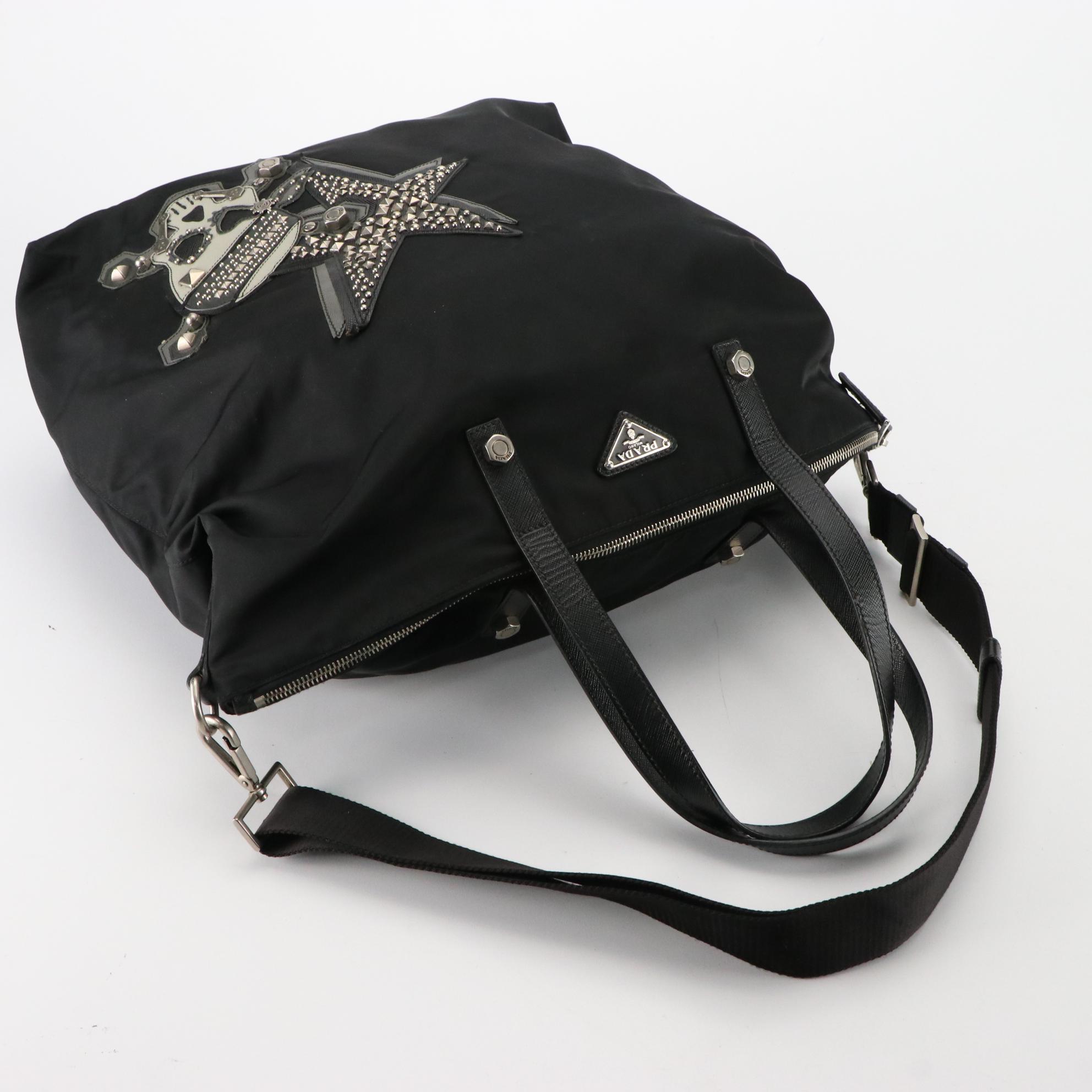 Prada Tessuto Nylon Skull and Crossbones Two-Way Tote with Saffiano Leather Trim