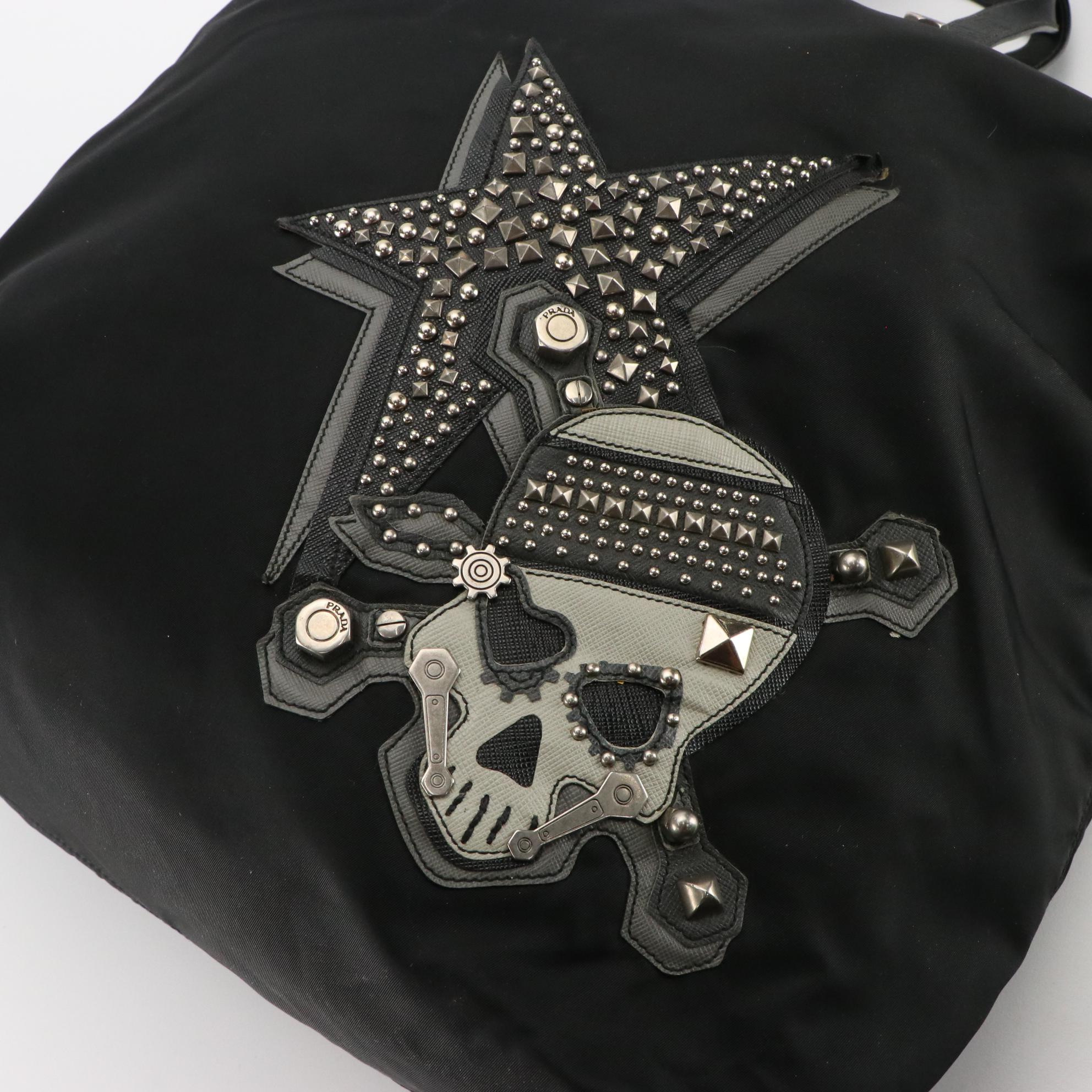 Prada Tessuto Nylon Skull and Crossbones Two-Way Tote with Saffiano Leather Trim