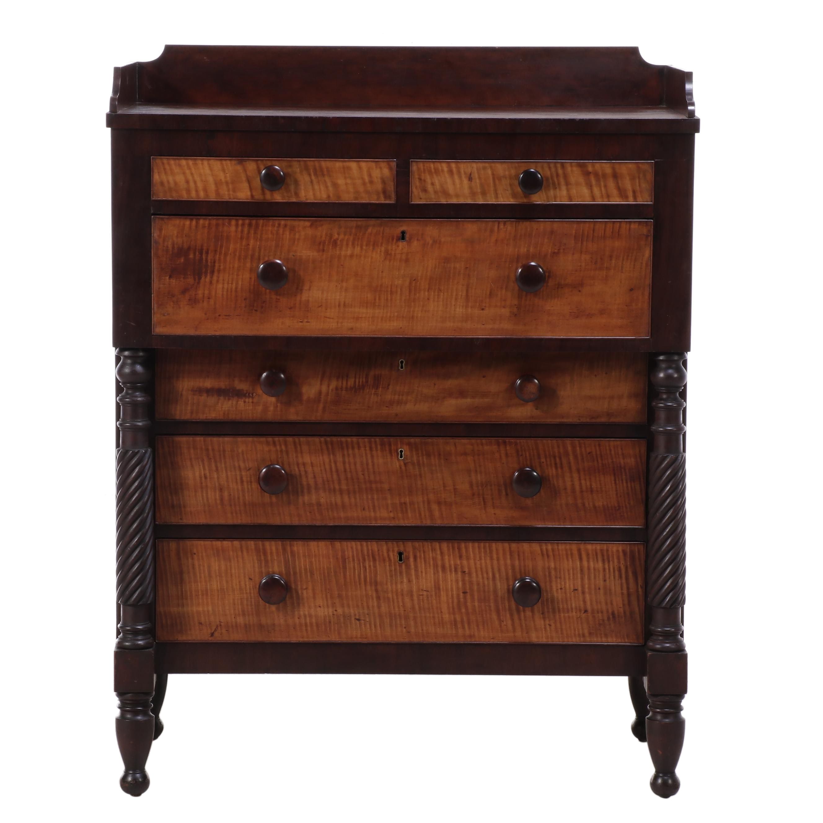 Late Federal Mahogany and Curly Maple Chest of Drawers