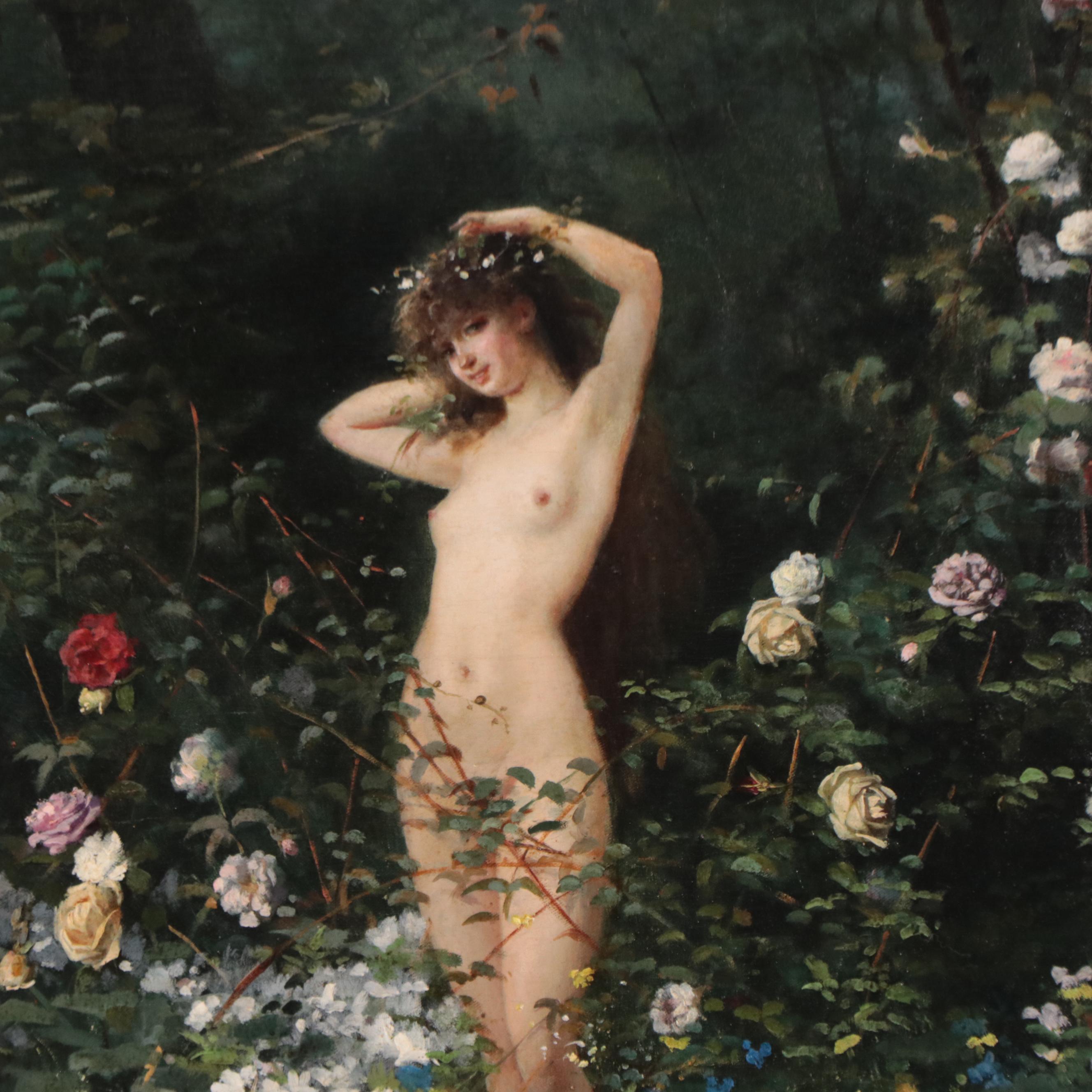 Gustavo Mancinelli Oil Painting of Female Nude in Verdant Landscape, 1880