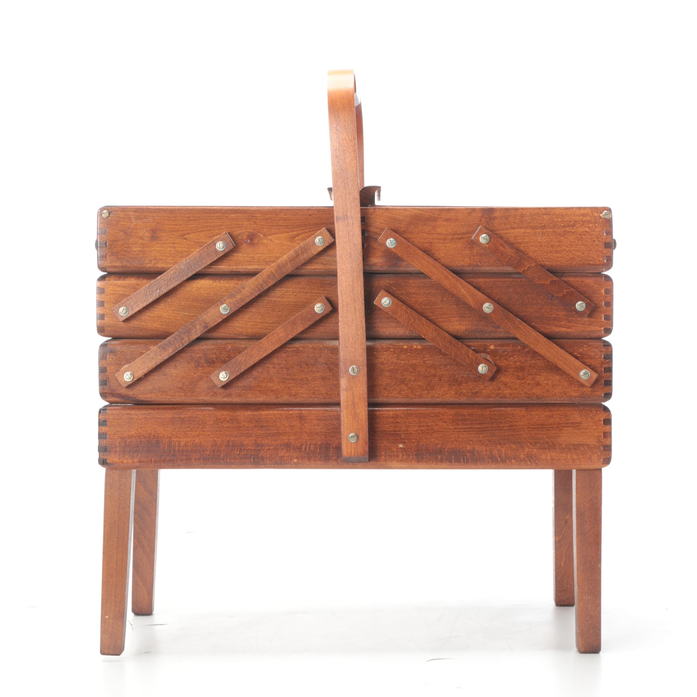 Scandinavian Modern Wooden Expandable Sewing Box with Accessories, 1960s