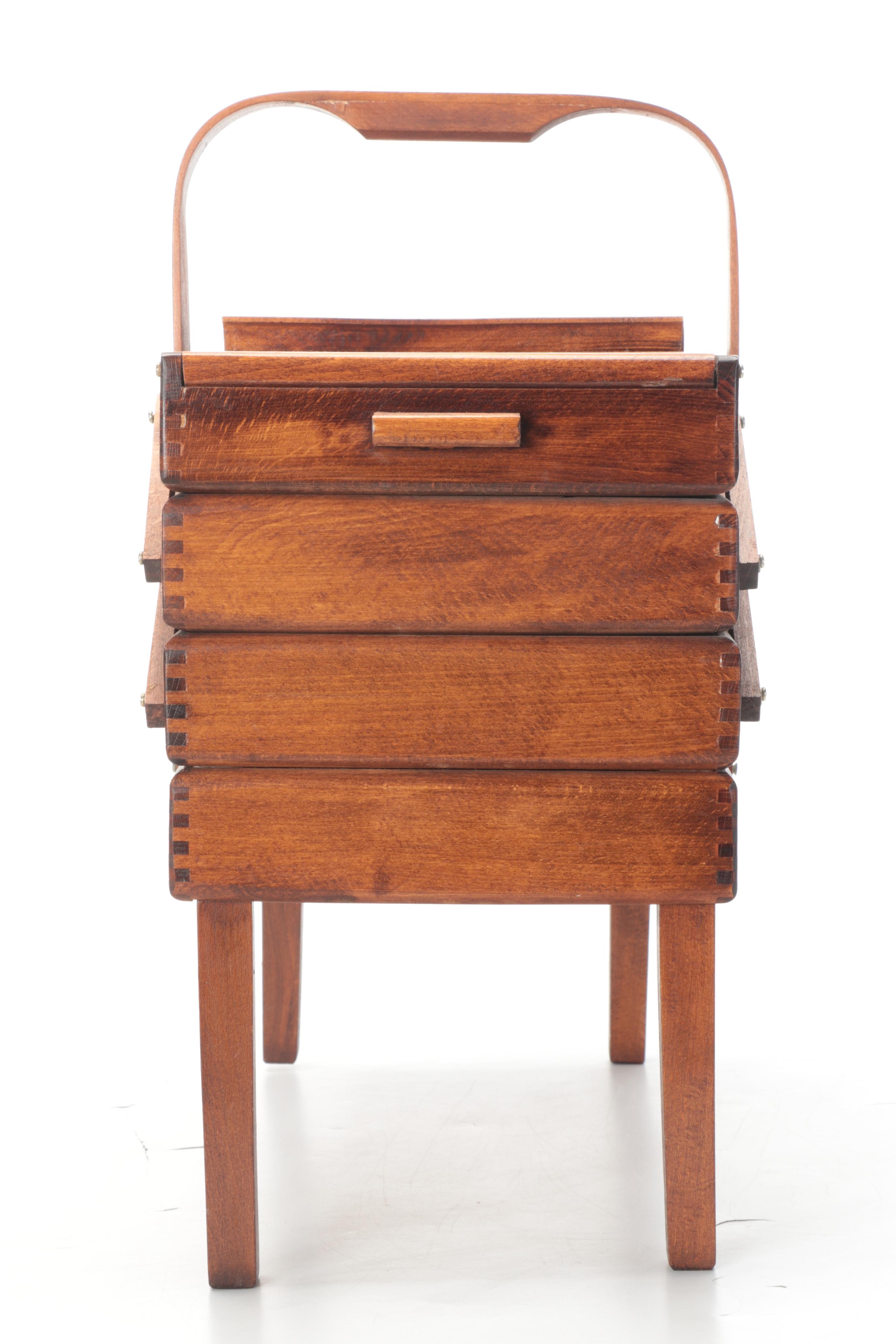 Scandinavian Modern Wooden Expandable Sewing Box with Accessories, 1960s