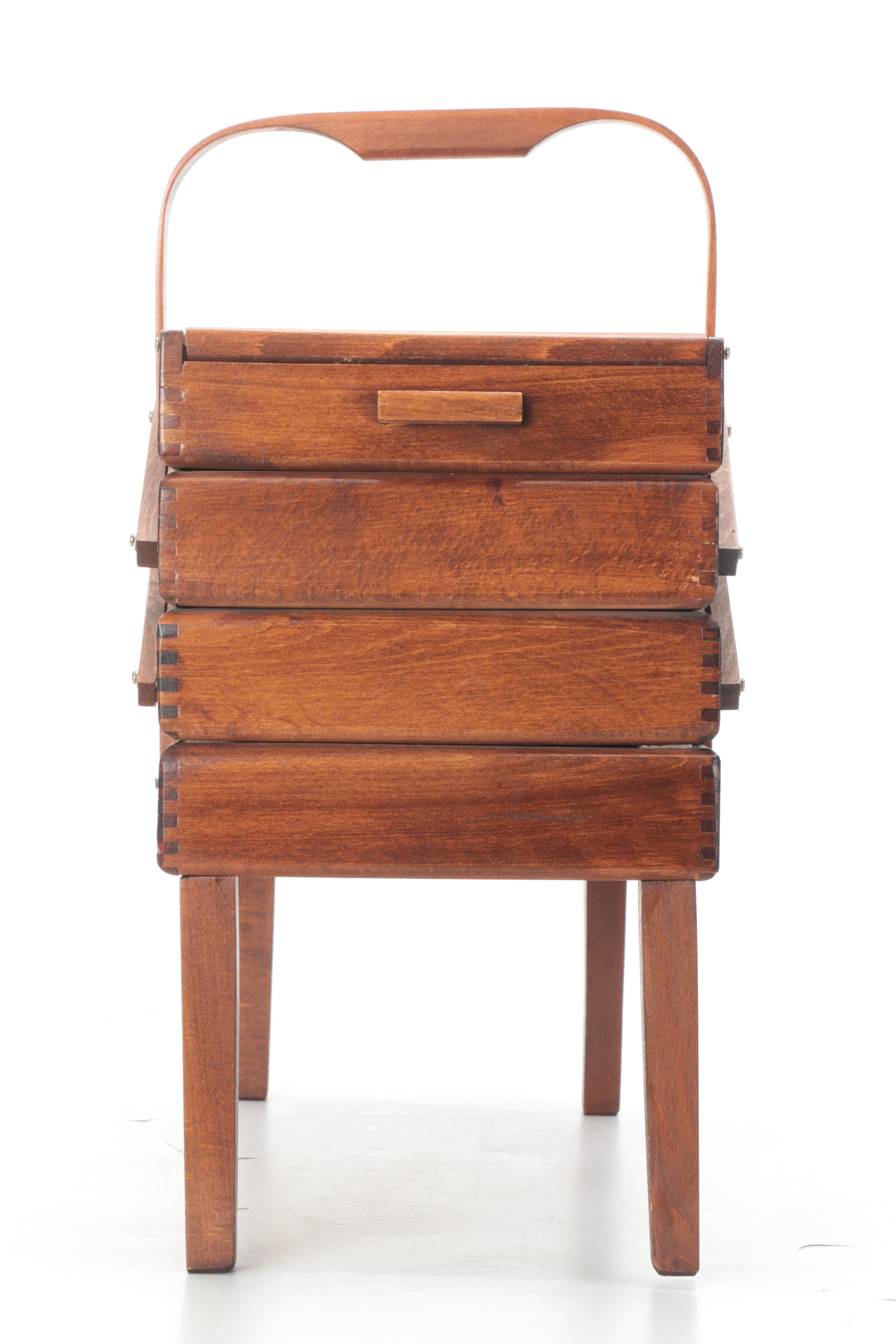 Scandinavian Modern Wooden Expandable Sewing Box with Accessories, 1960s