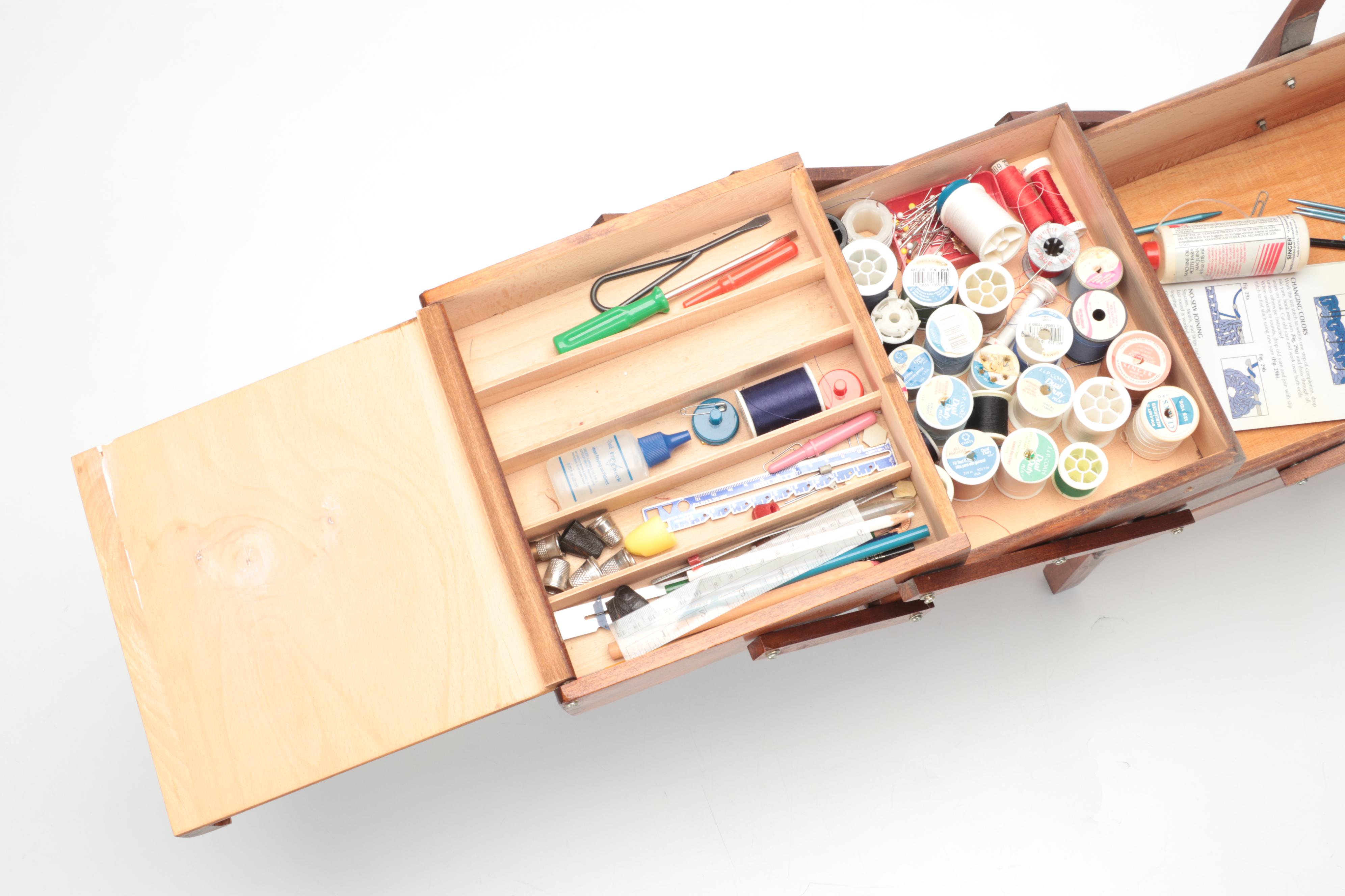 Scandinavian Modern Wooden Expandable Sewing Box with Accessories, 1960s