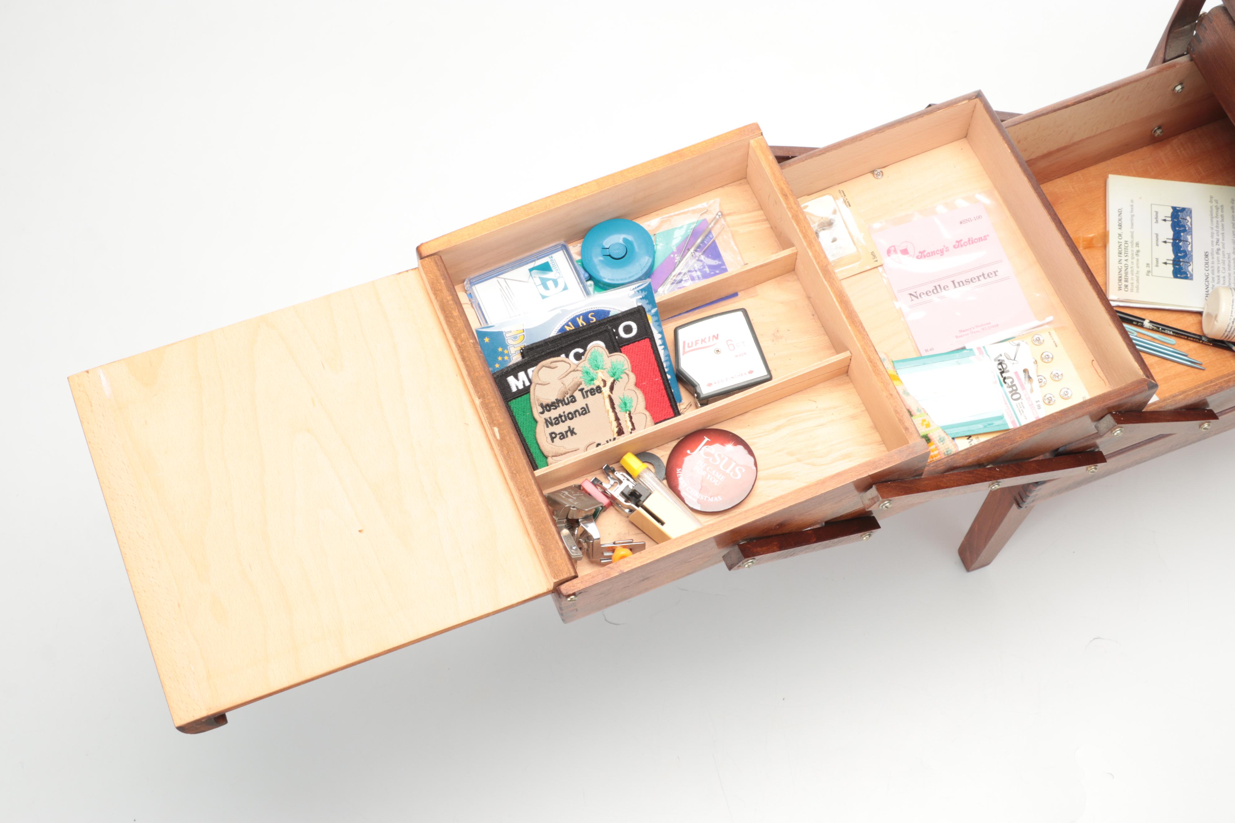 Scandinavian Modern Wooden Expandable Sewing Box with Accessories, 1960s