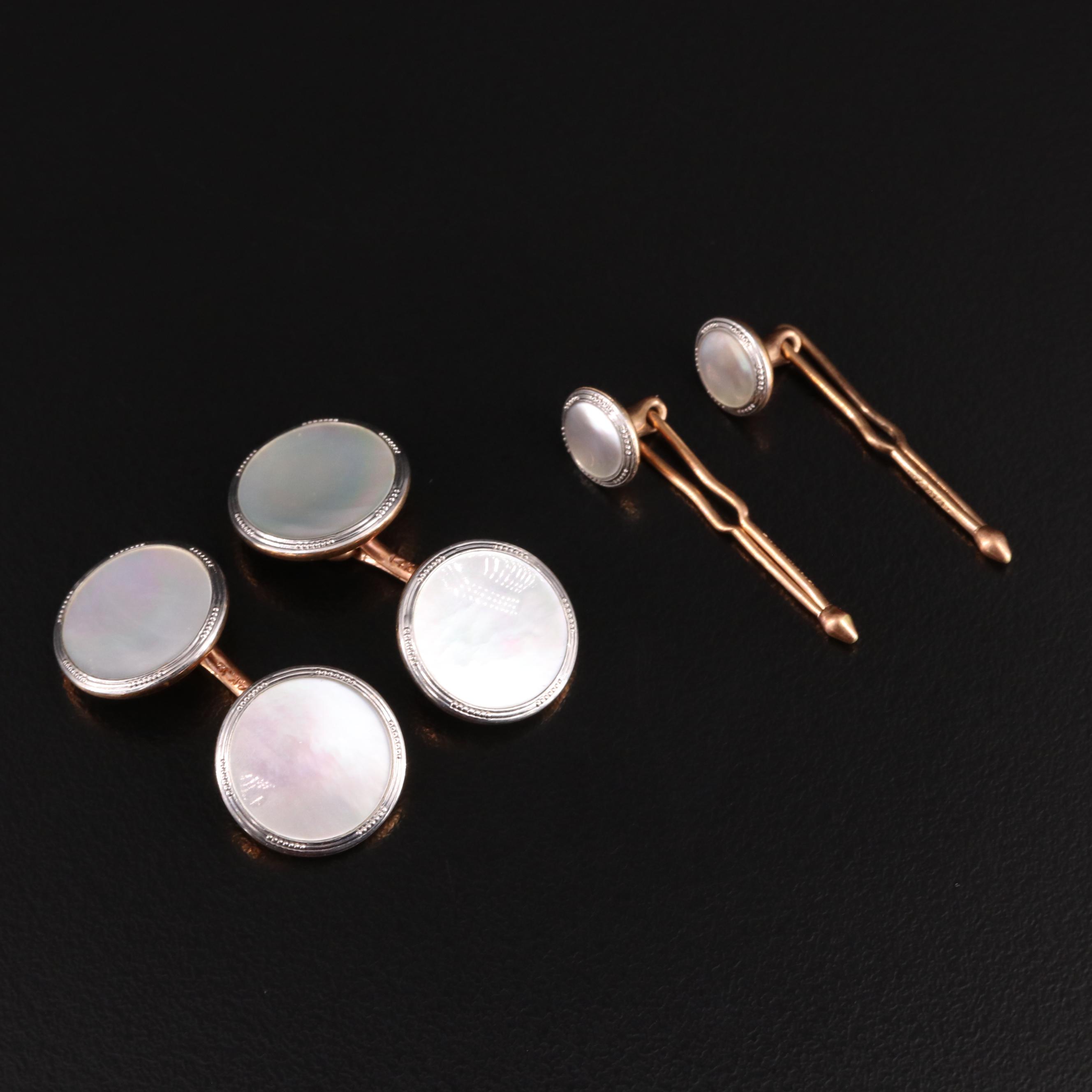 Vintage Krementz 14K Mother-of-Pearl Cufflinks and Shirt Studs