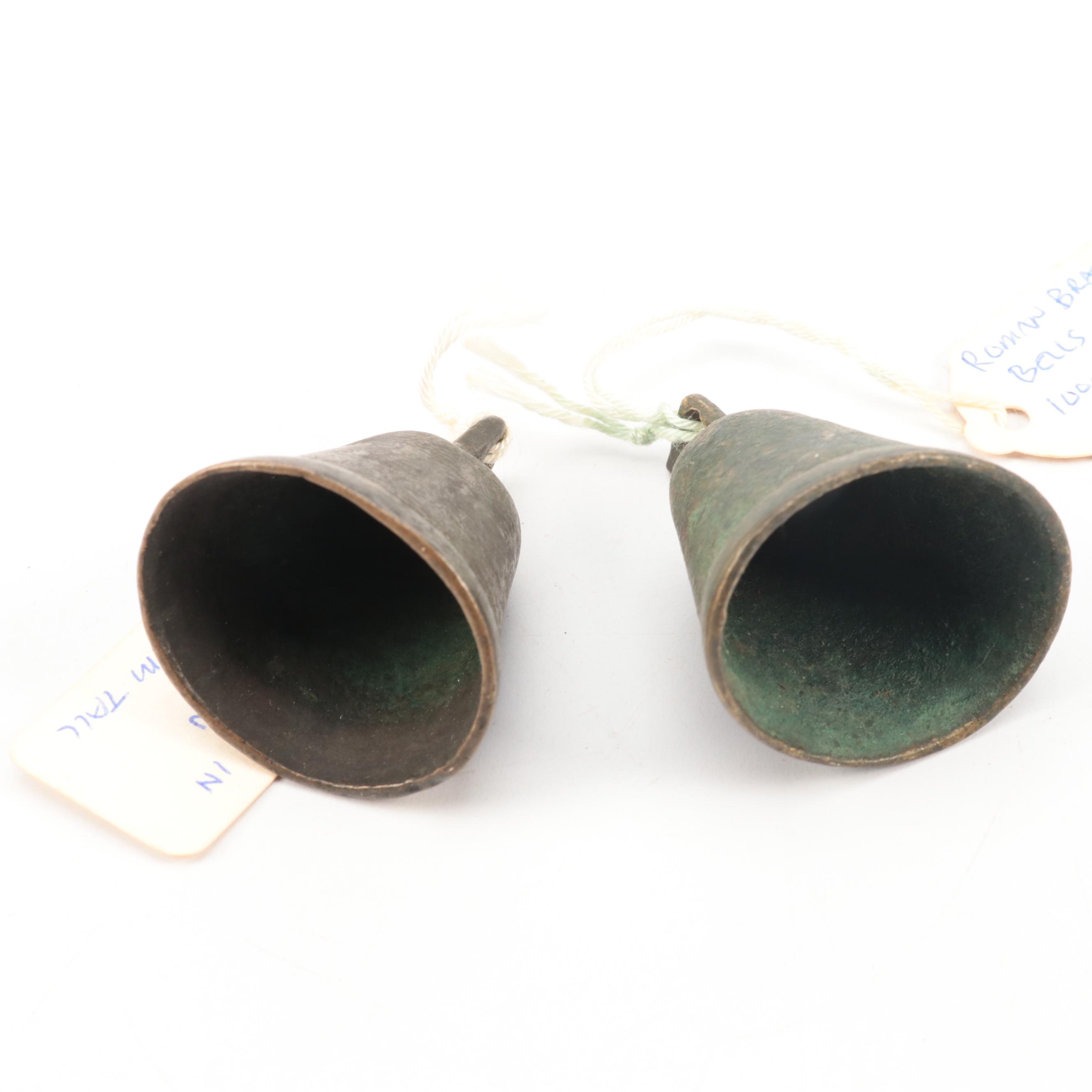 Ancient Roman Bronze Olpe Handle, Brass Bells, Ring and Phallic Pendant