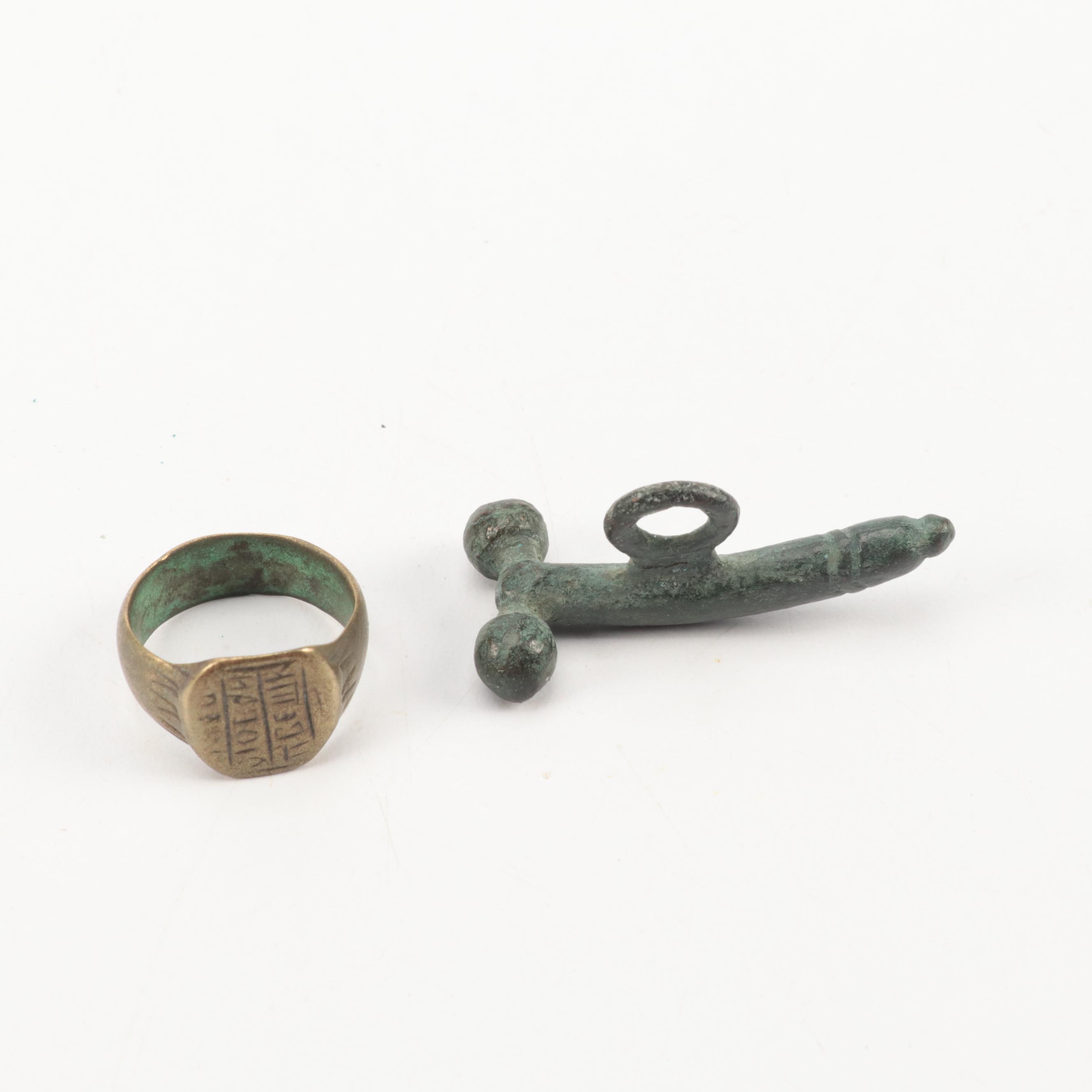 Ancient Roman Bronze Olpe Handle, Brass Bells, Ring and Phallic Pendant