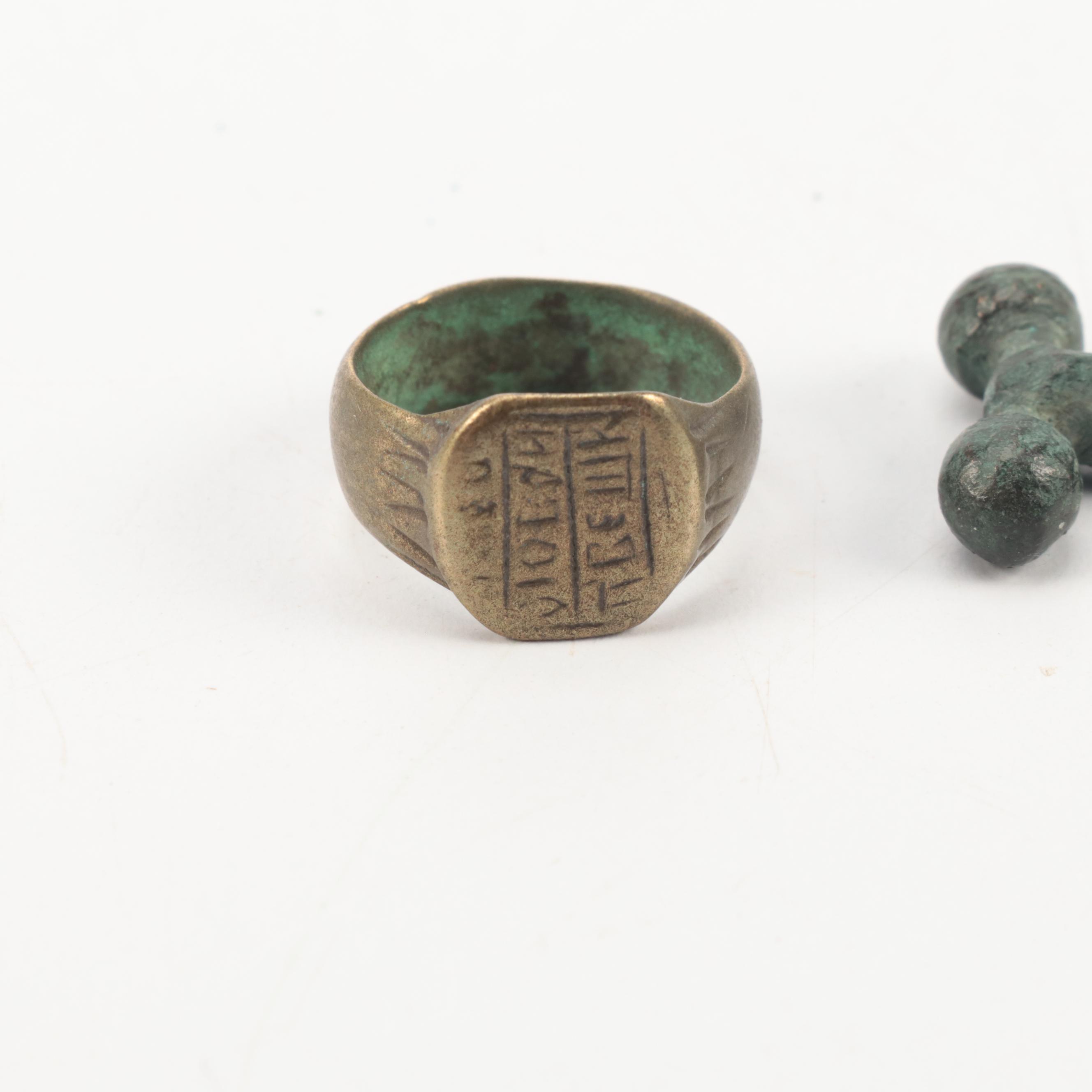 Ancient Roman Bronze Olpe Handle, Brass Bells, Ring and Phallic Pendant