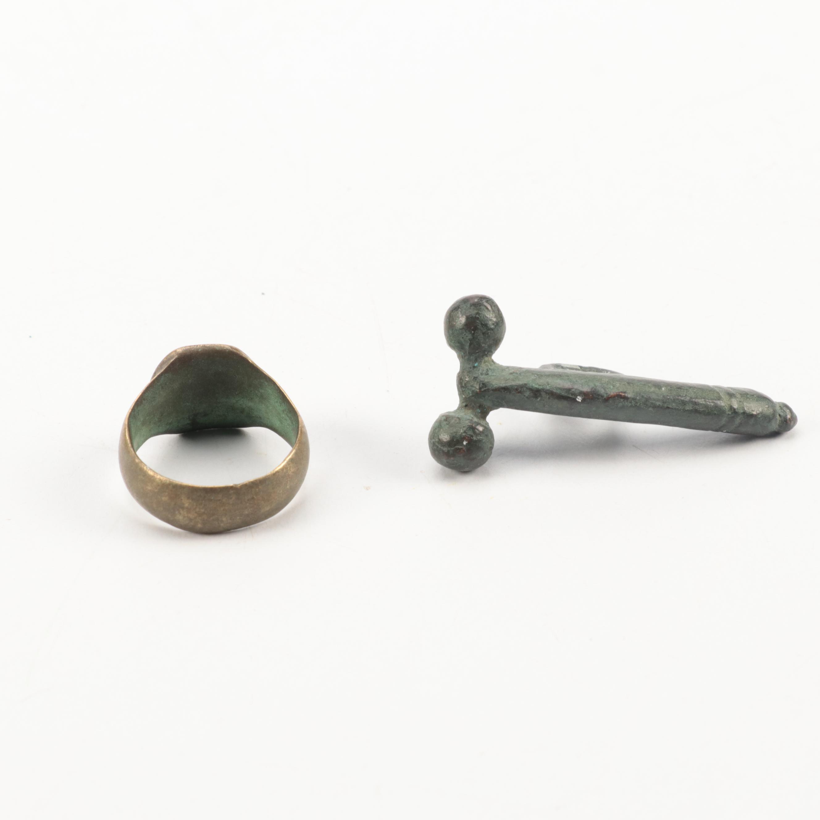 Ancient Roman Bronze Olpe Handle, Brass Bells, Ring and Phallic Pendant