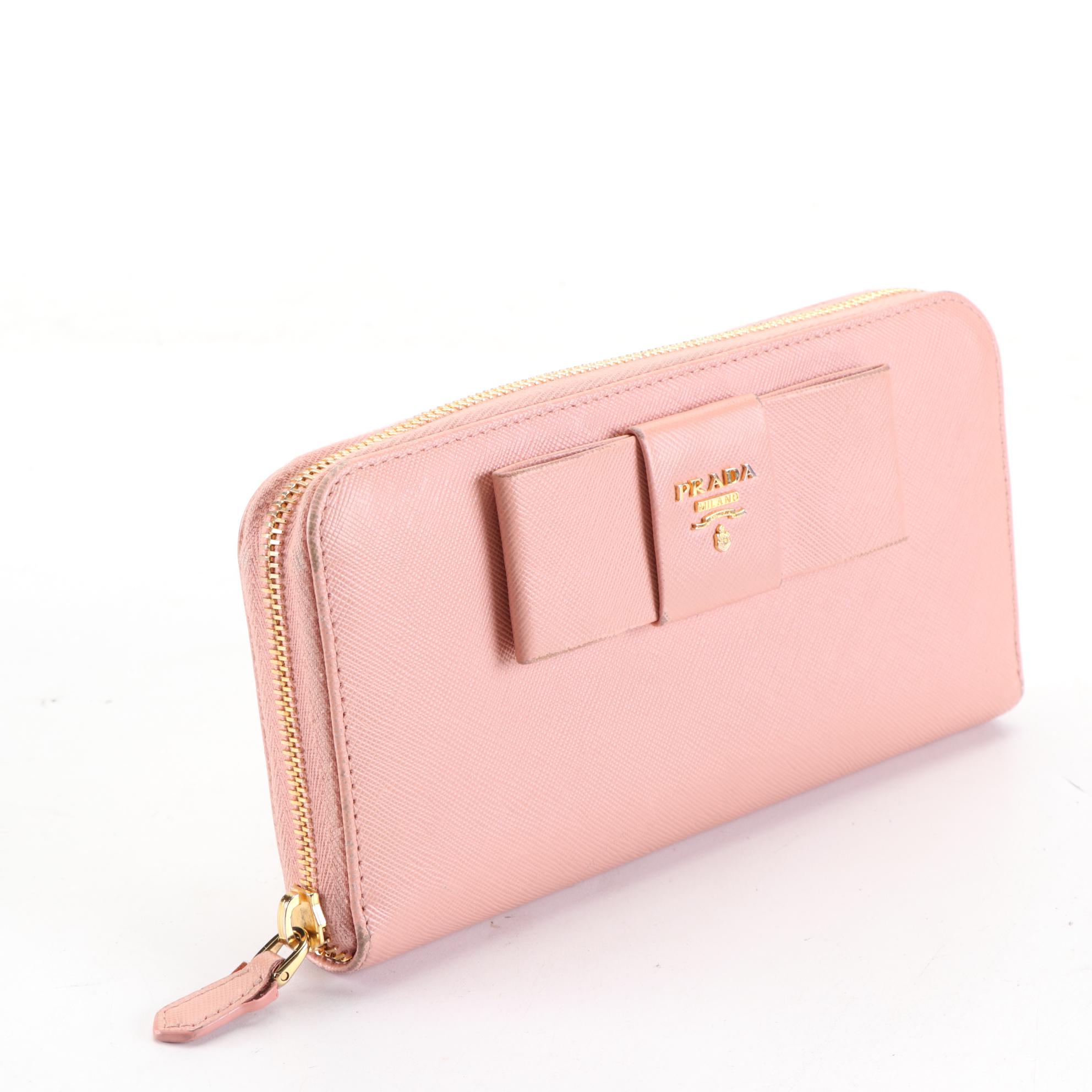 Prada Zip-Around Bow Wallet in Light Pink Saffiano Leather with Box