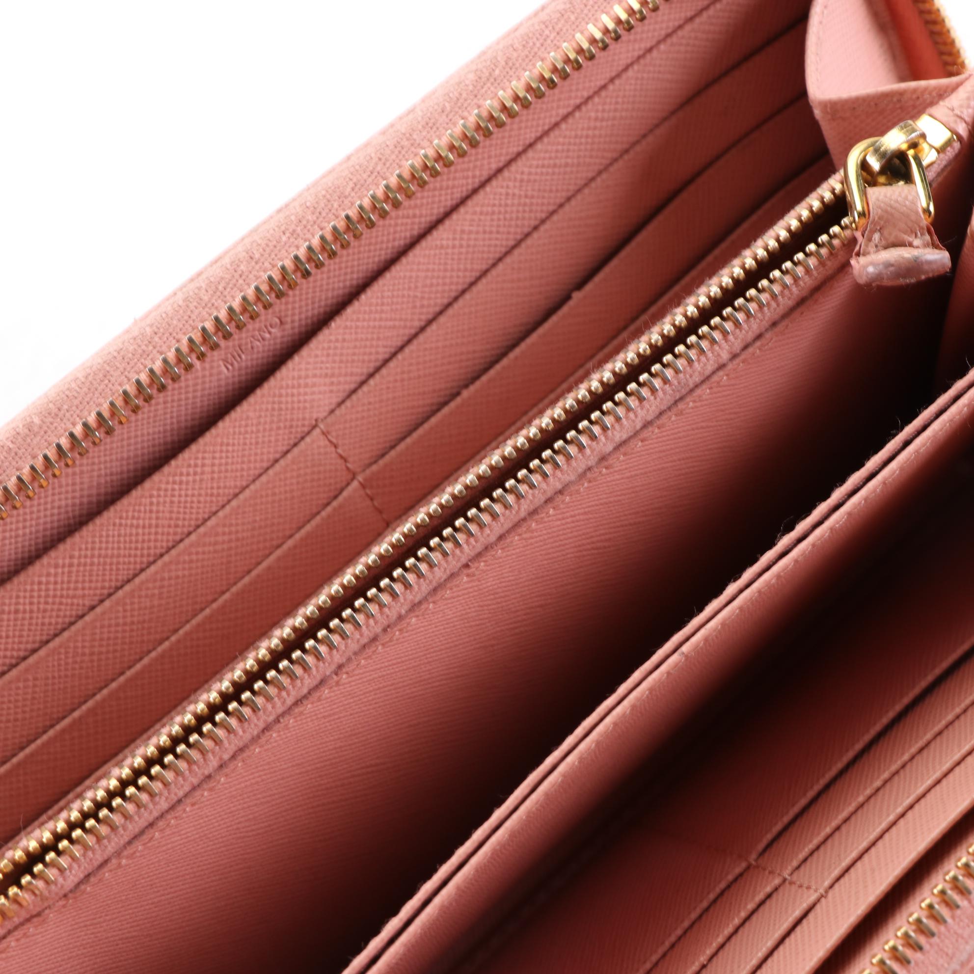 Prada Zip-Around Bow Wallet in Light Pink Saffiano Leather with Box