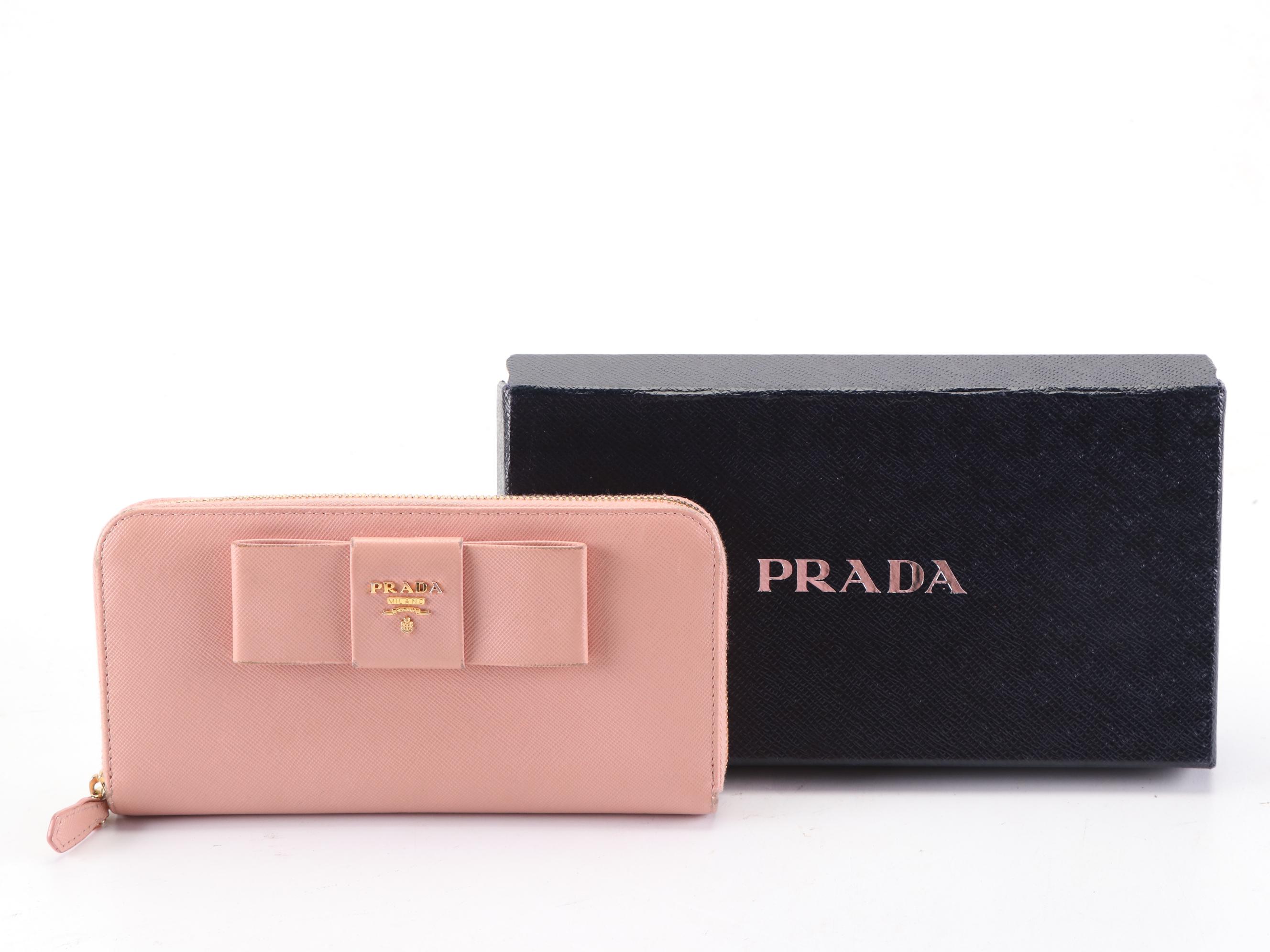 Prada Zip-Around Bow Wallet in Light Pink Saffiano Leather with Box
