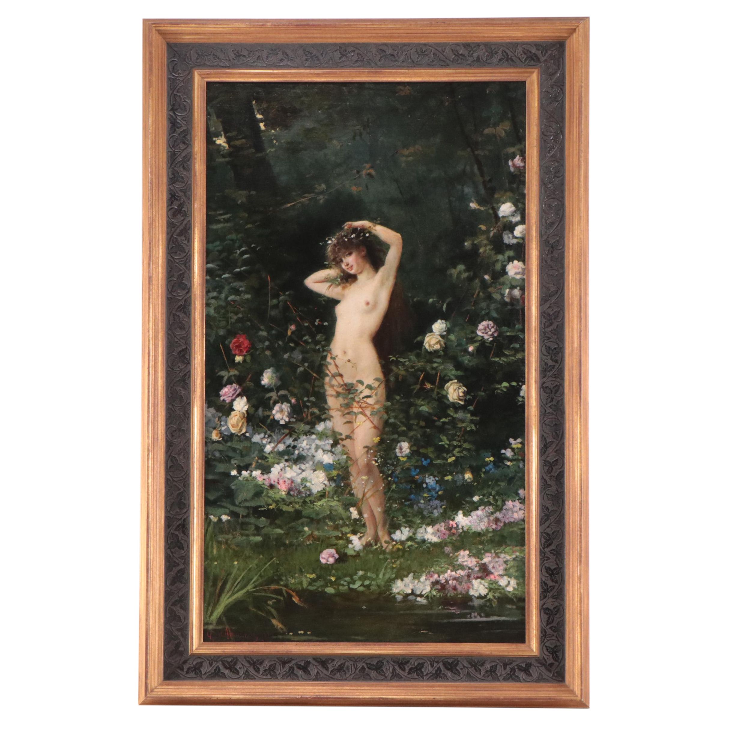 Gustavo Mancinelli Oil Painting of Female Nude in Verdant Landscape, 1880