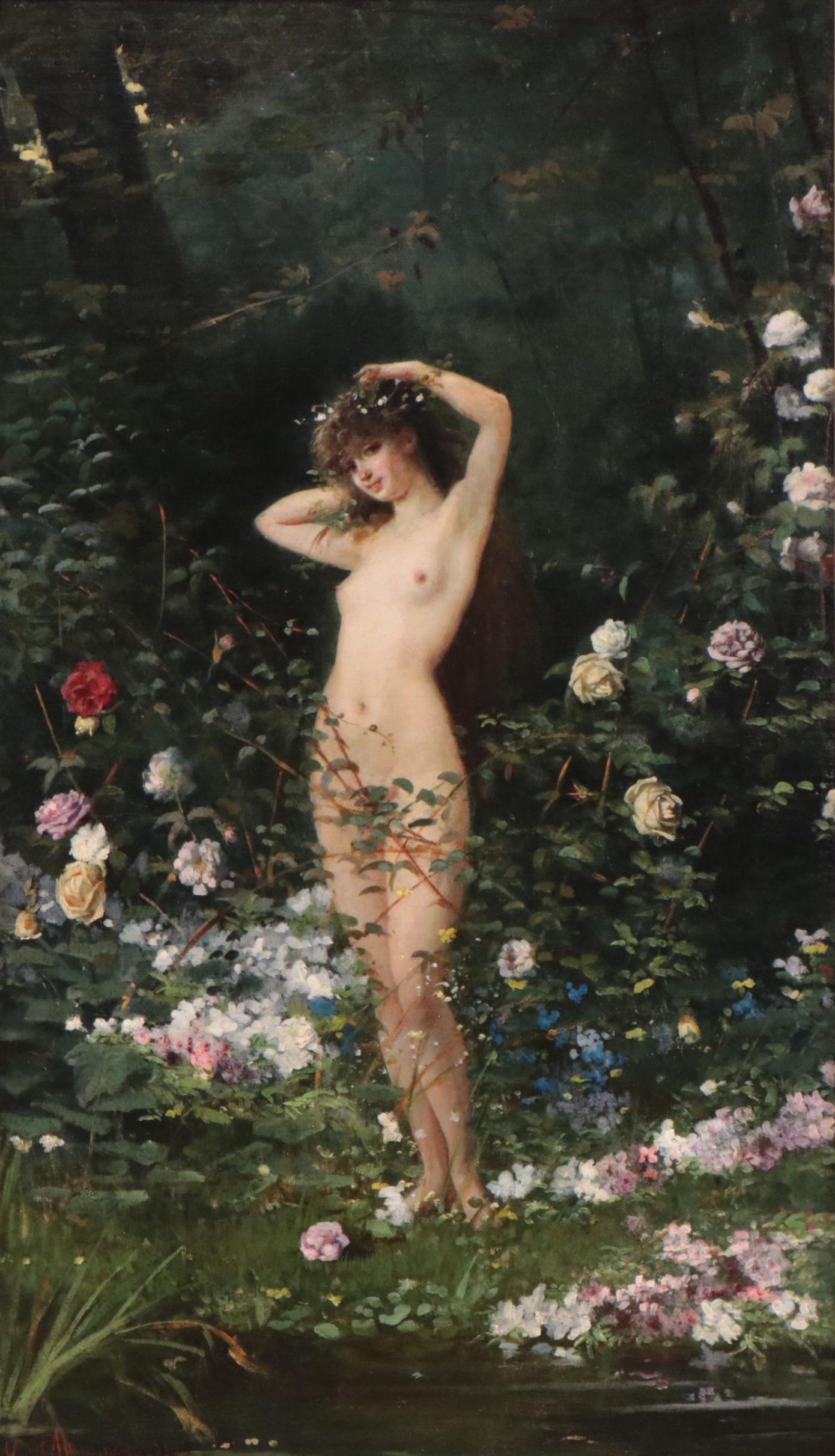 Gustavo Mancinelli Oil Painting of Female Nude in Verdant Landscape, 1880