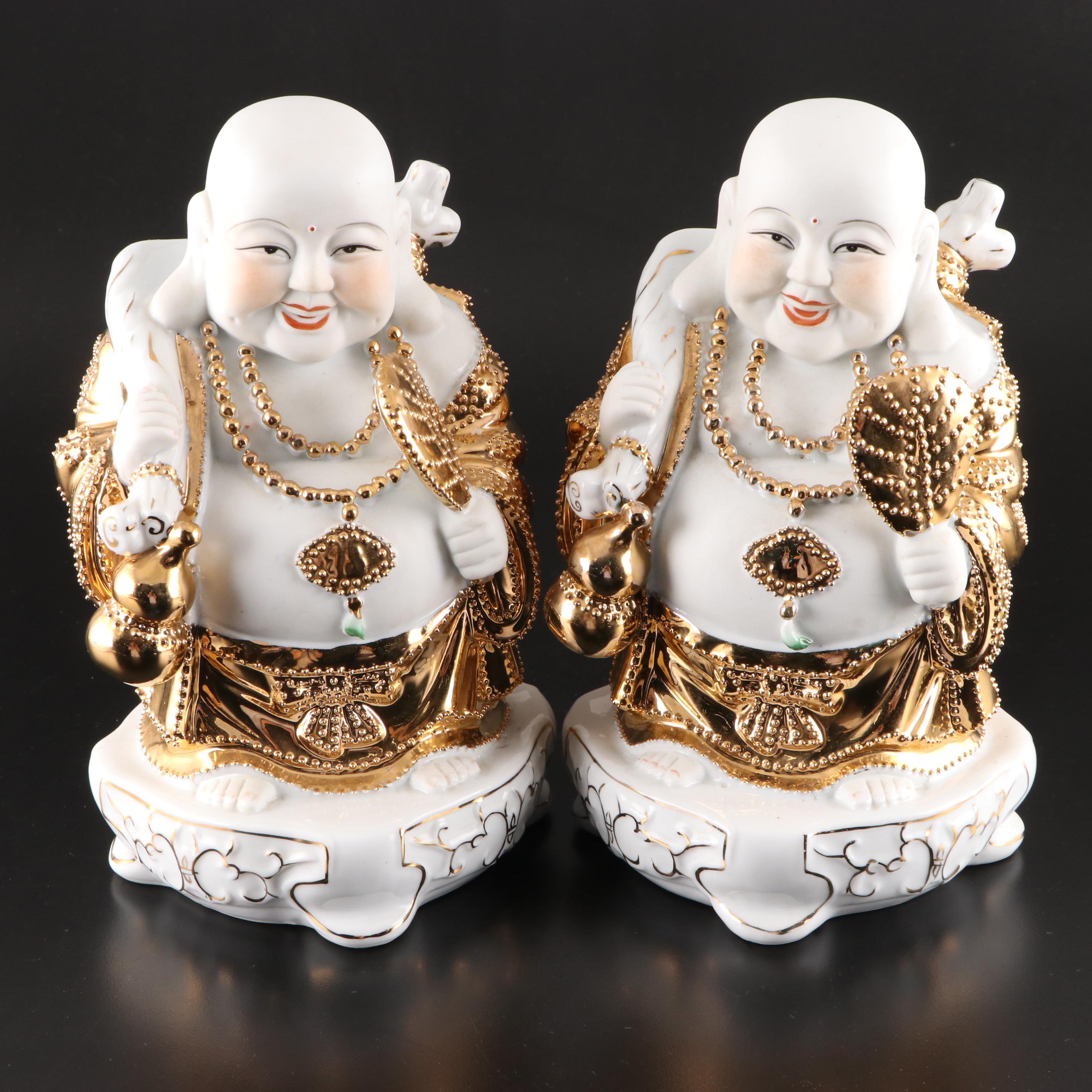 Chinese Gilt Porcelain Laughing Buddha Budai Figurines