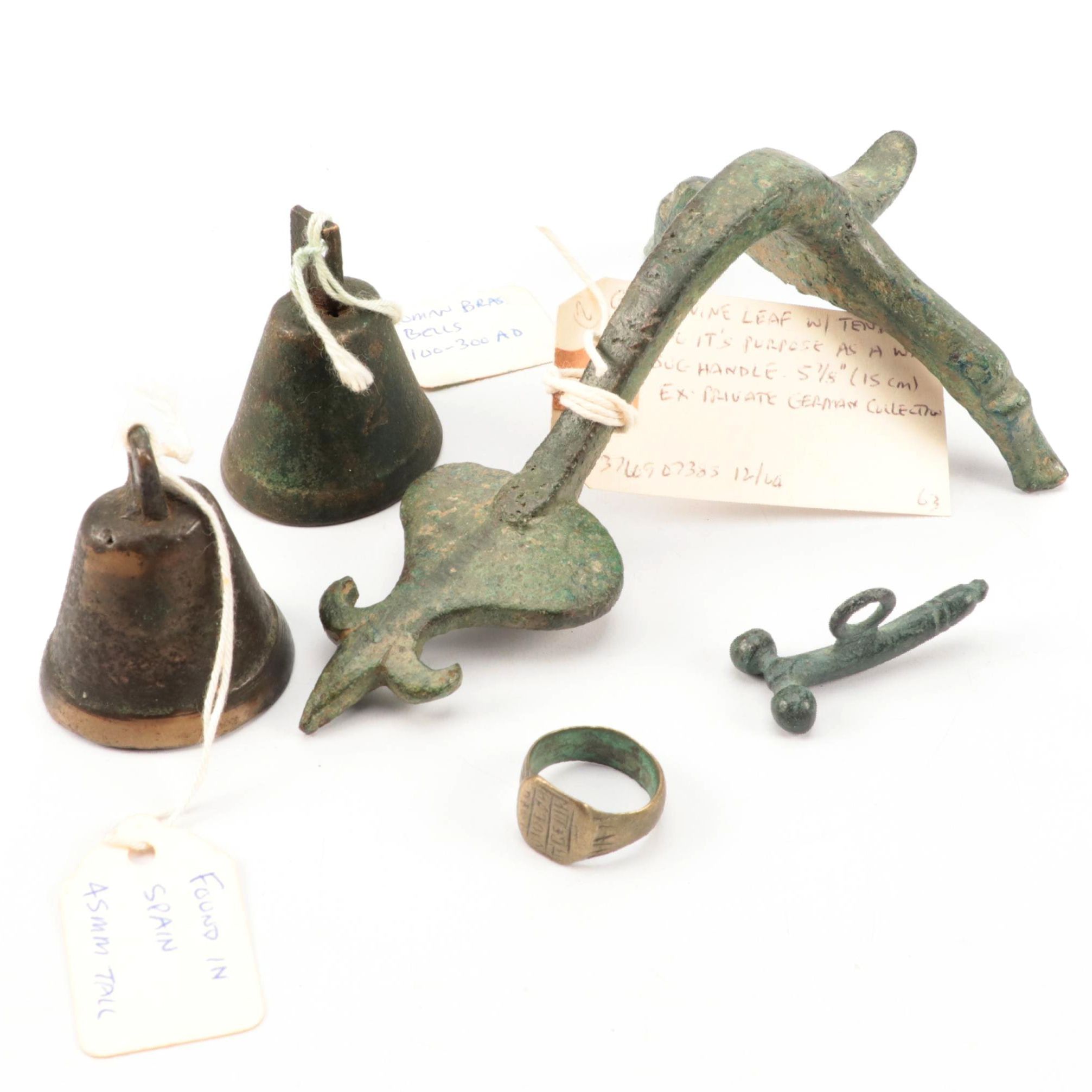 Ancient Roman Bronze Olpe Handle, Brass Bells, Ring and Phallic Pendant