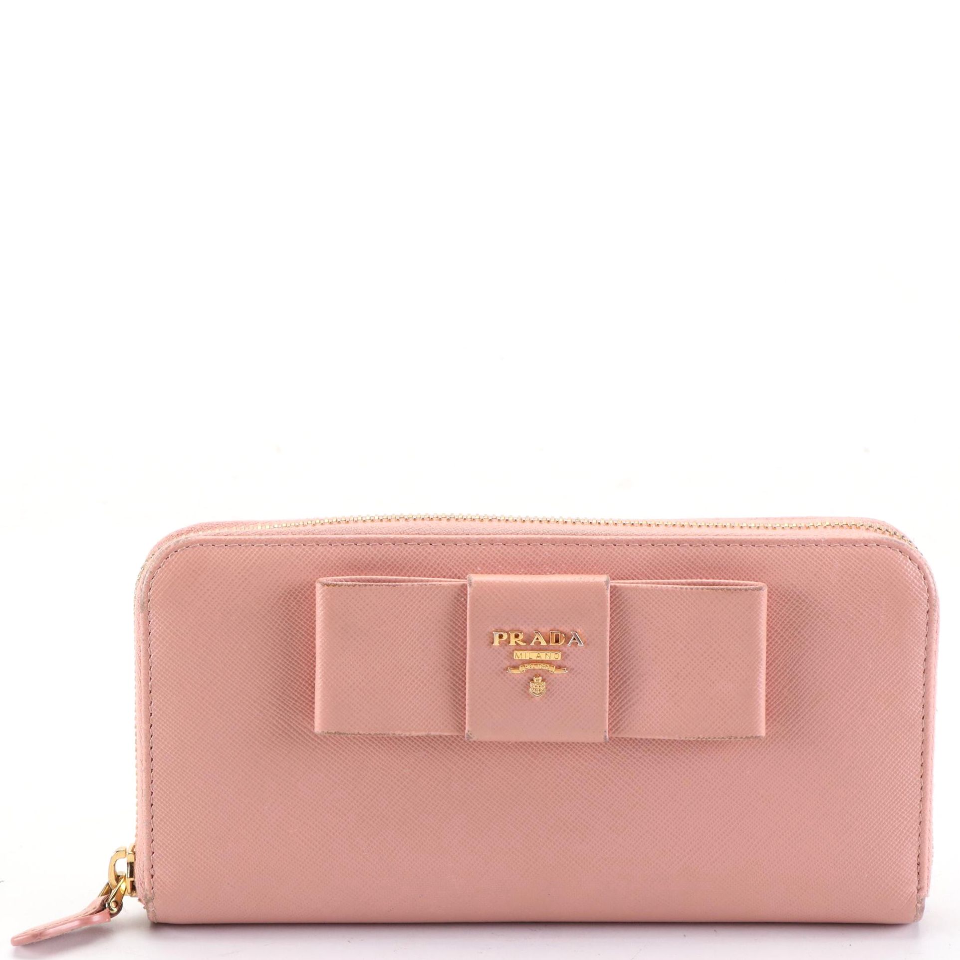 Prada Zip-Around Bow Wallet in Light Pink Saffiano Leather with Box