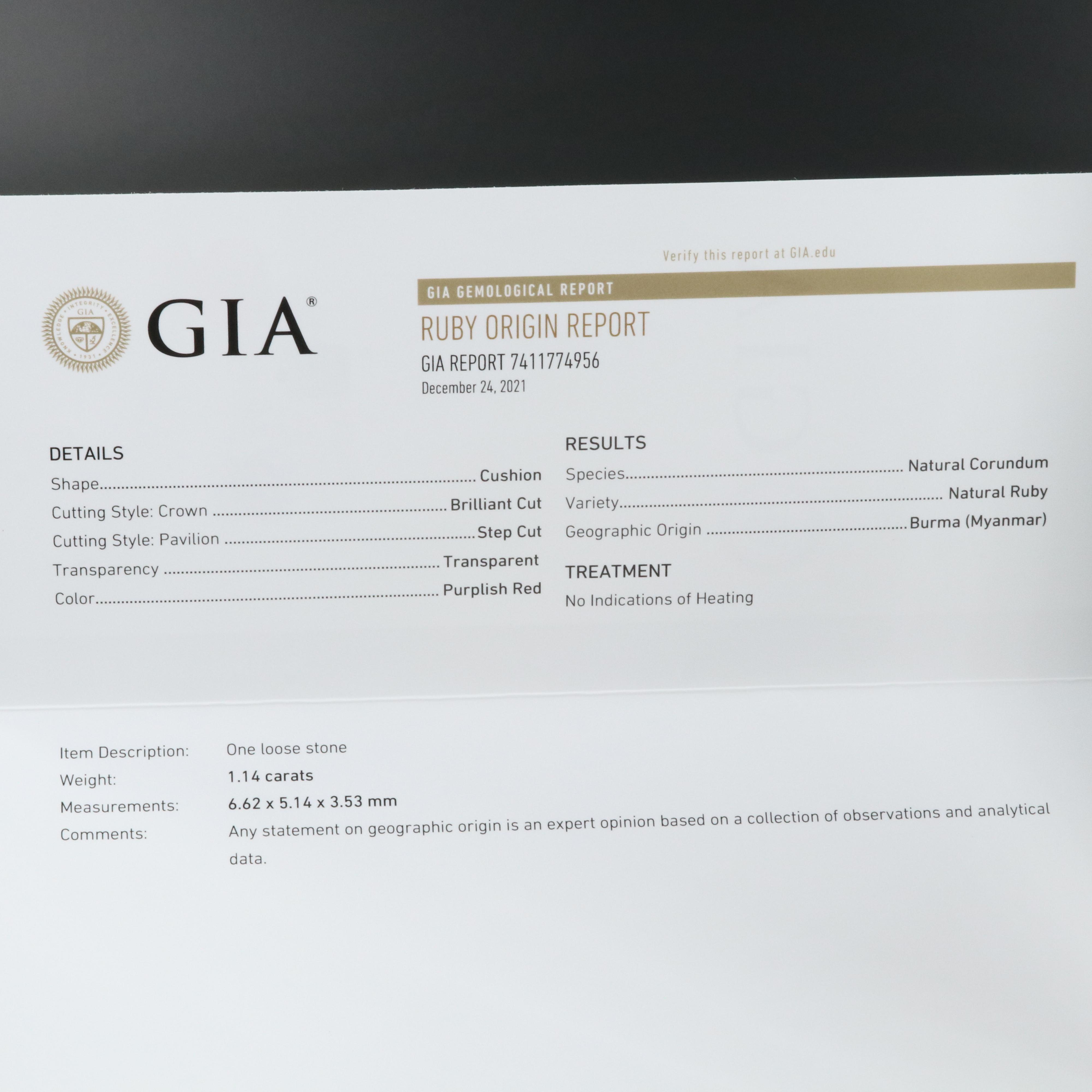 Platinum and Palladium 1.14 CT Unheated Burmese Ruby Ring with GIA Report