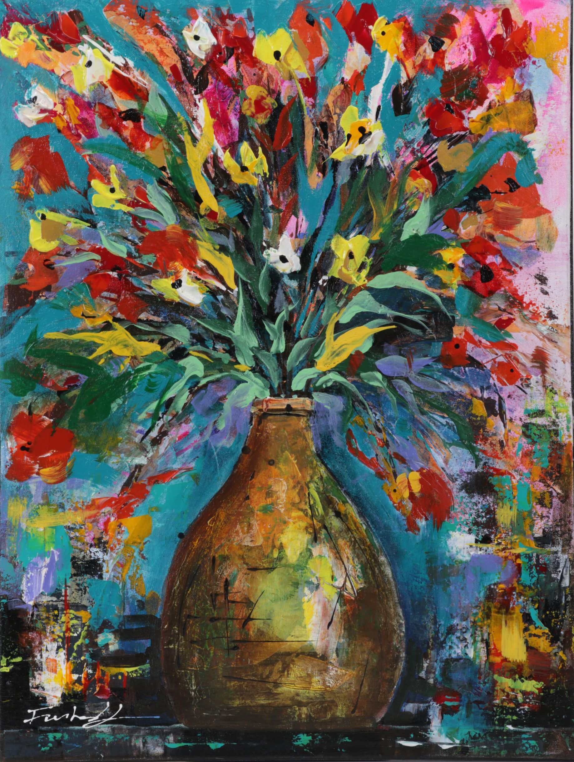 Farshad Lanjani Floral Still Life Acrylic Painting, 21st Century