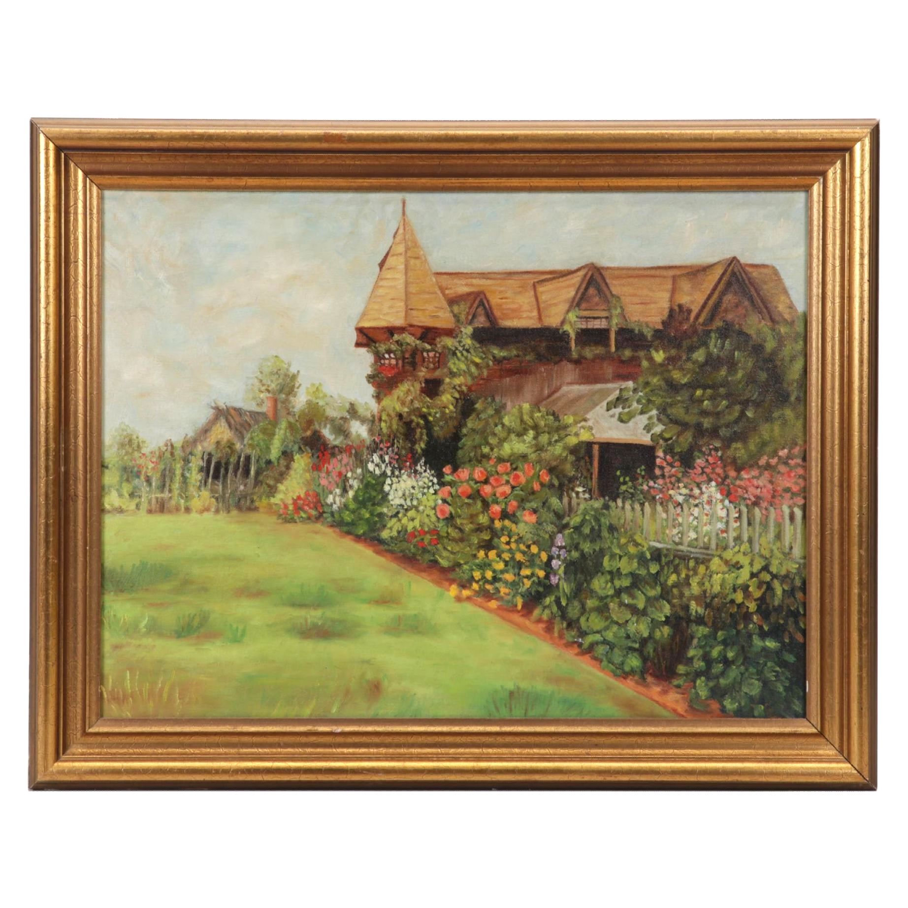 Oil Painting of Bucolic Cottage Flower Garden, Circa 1975