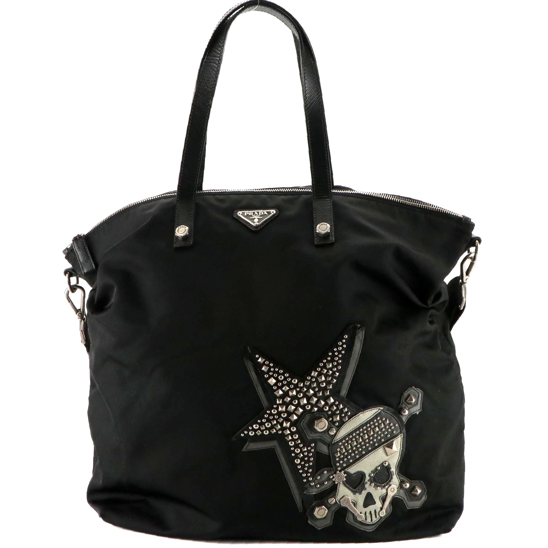 Prada Tessuto Nylon Skull and Crossbones Two-Way Tote with Saffiano Leather Trim