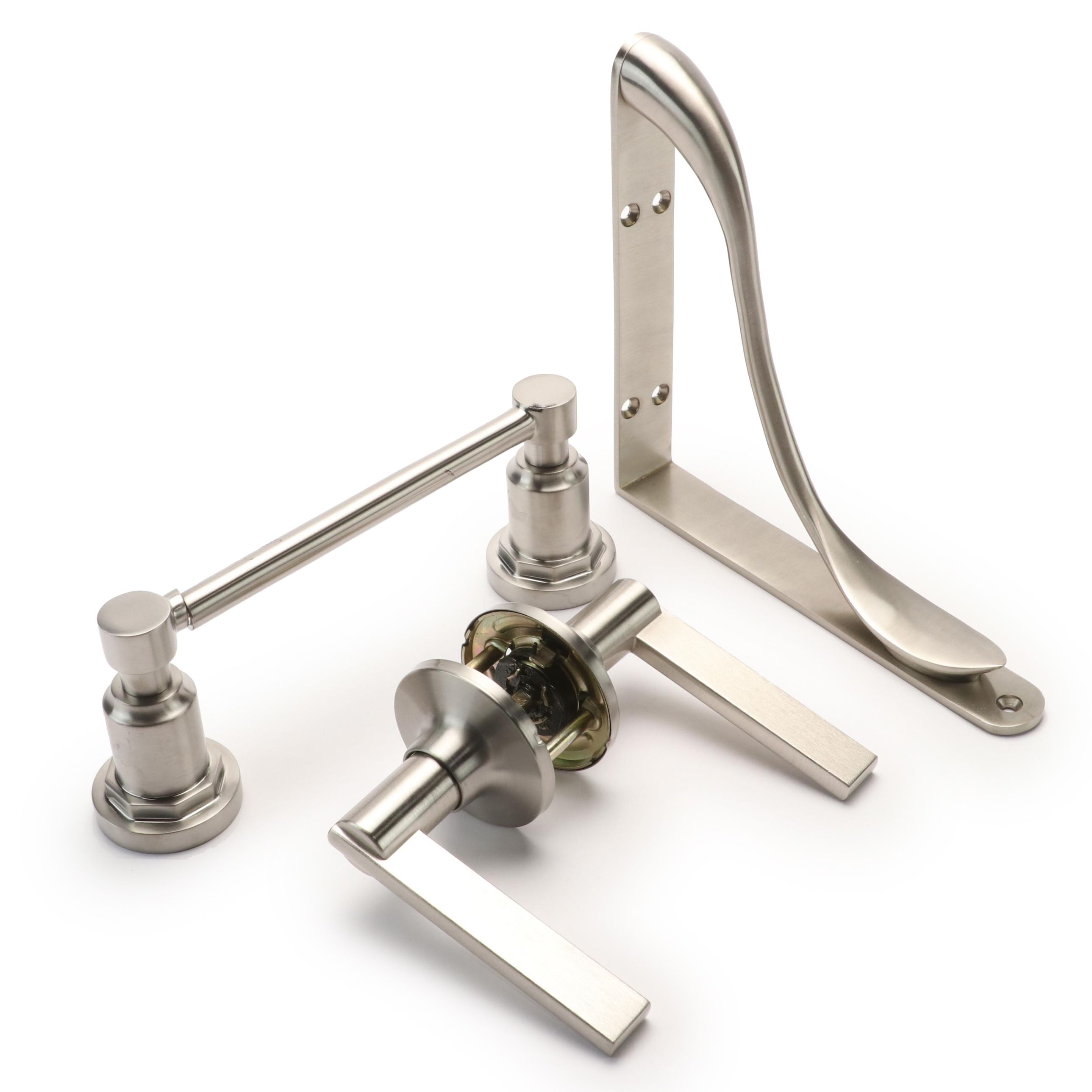 Lever Door Handle Set, Shelf Brackets and Paper Holder in Brushed Nickel