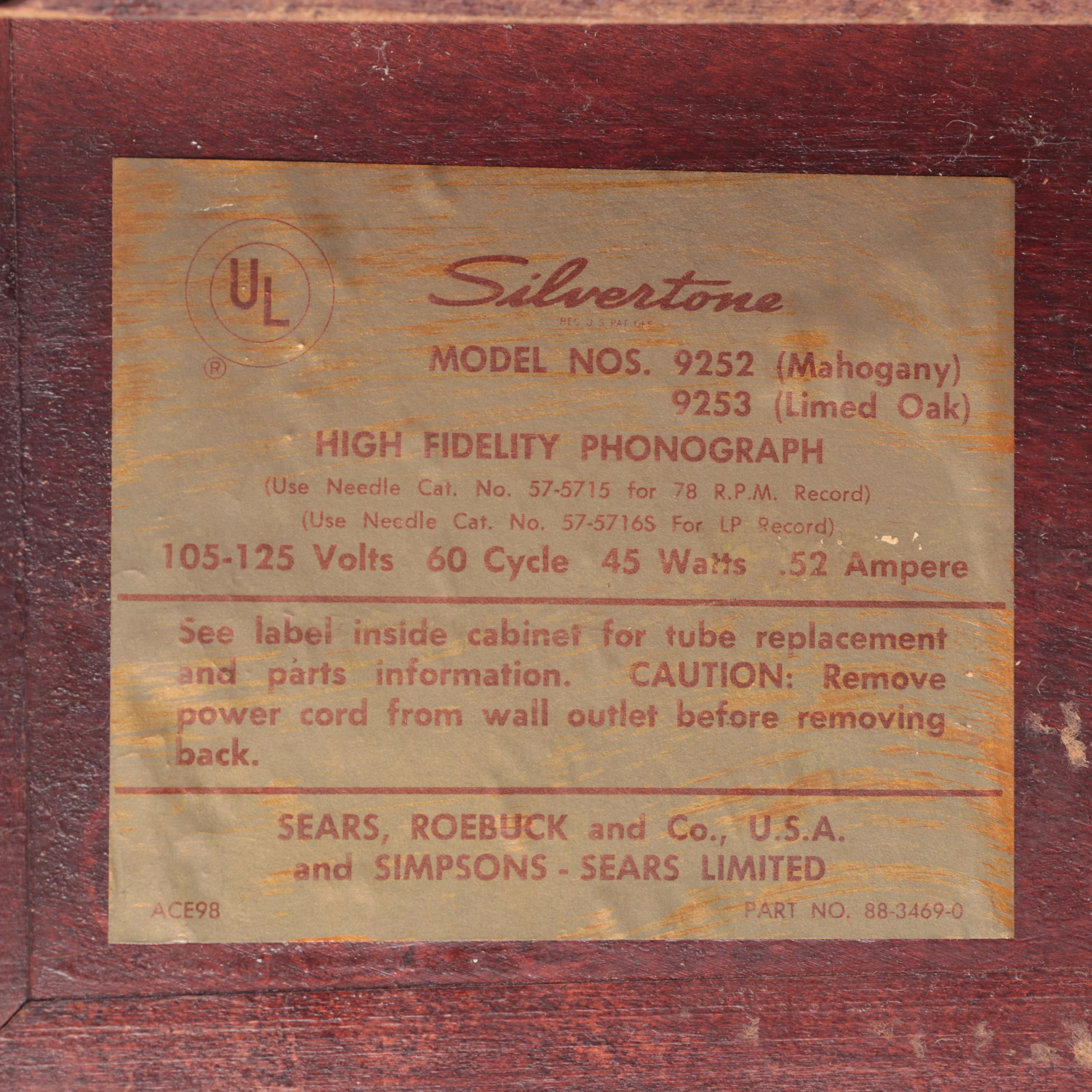 Silvertone Model 9252 Mahogany Veneered Stereophonic Sound System, 1950s