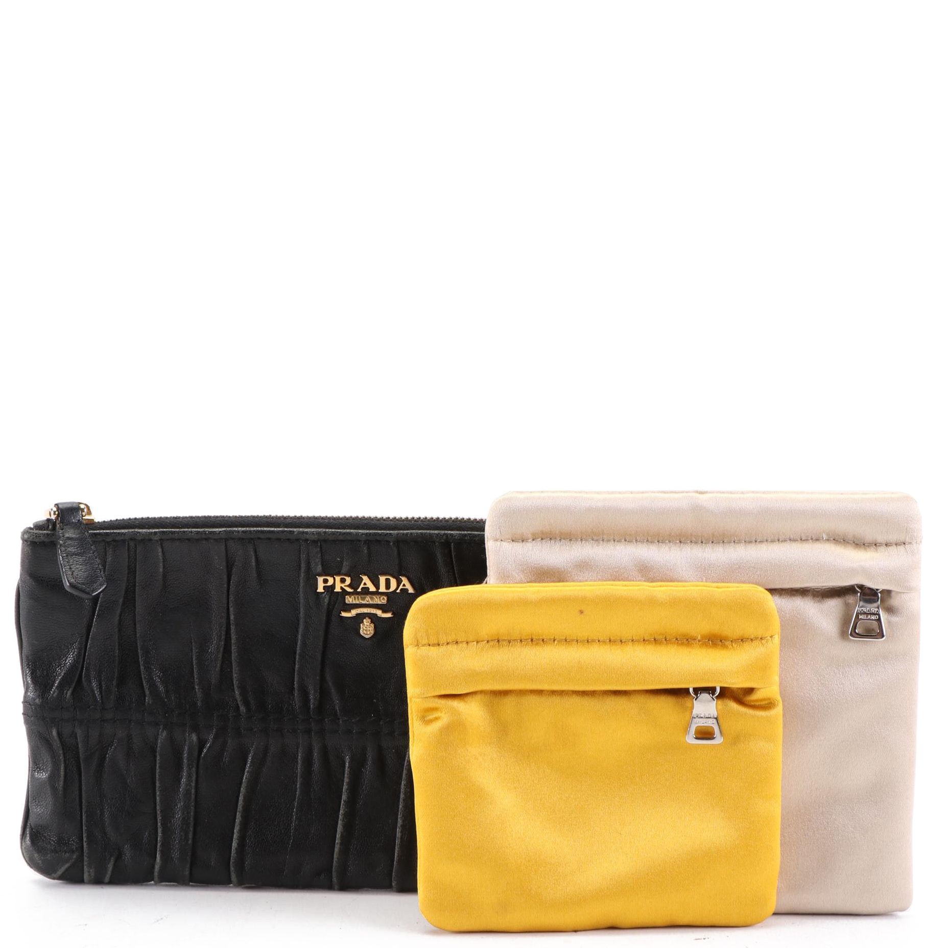 Prada Small Gaufre Leather Zip Clutch and Small Satin Zip Pouches