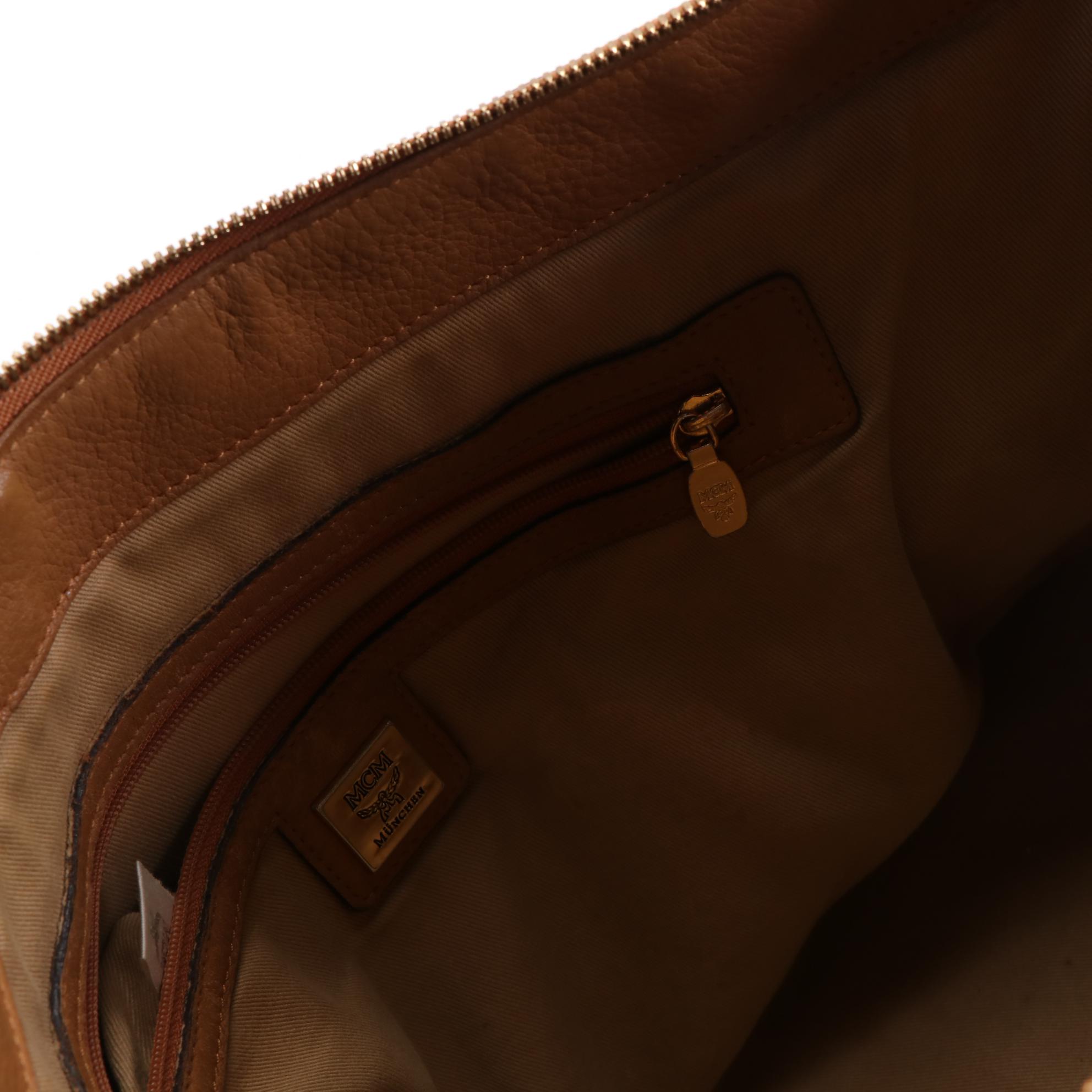 MCM Shoulder Bag in Visetos Canvas and Brown Leather