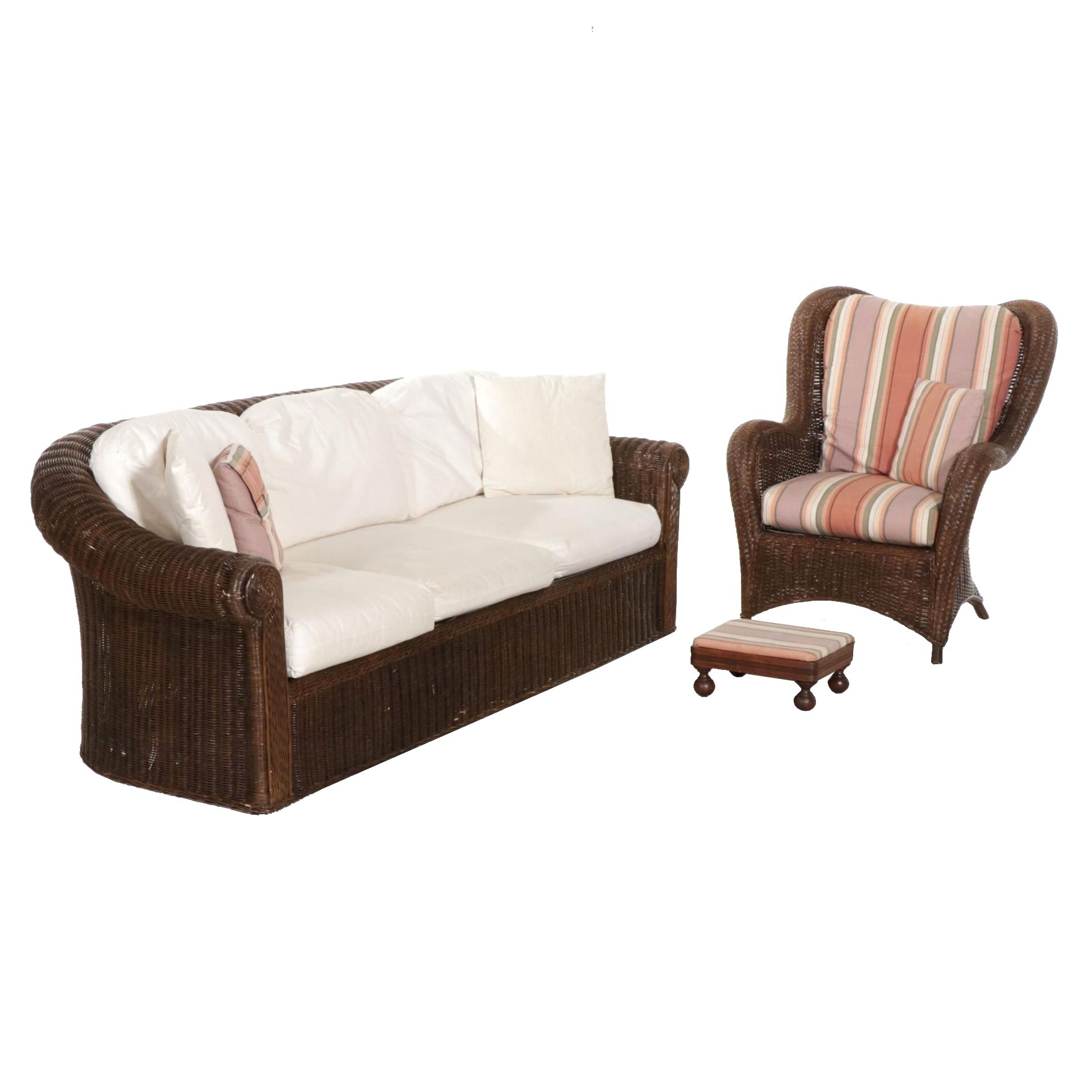 Henry Link Wicker Armchair With Wicker Sofa, Footstool and Pillows