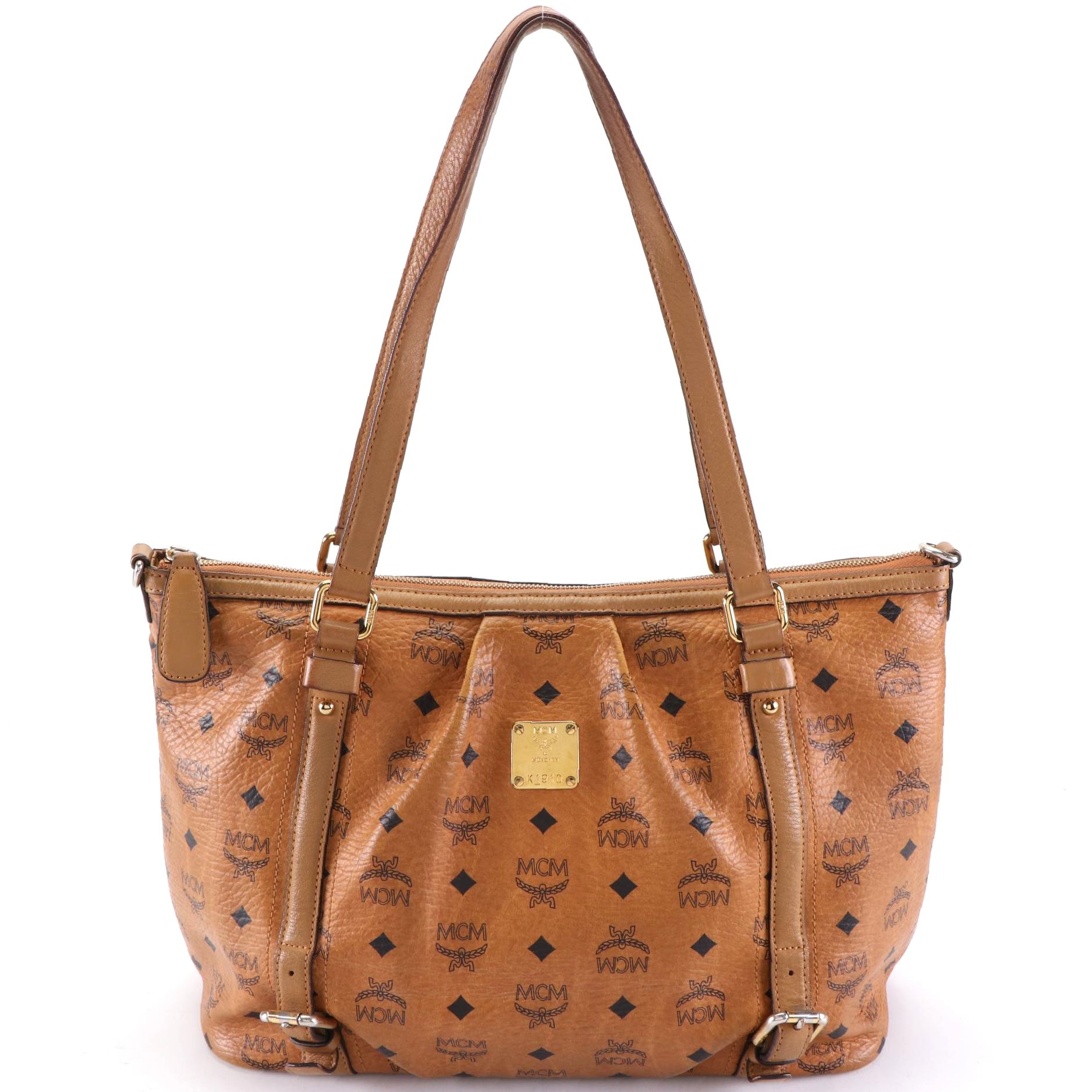 MCM Shoulder Bag in Visetos Canvas and Brown Leather