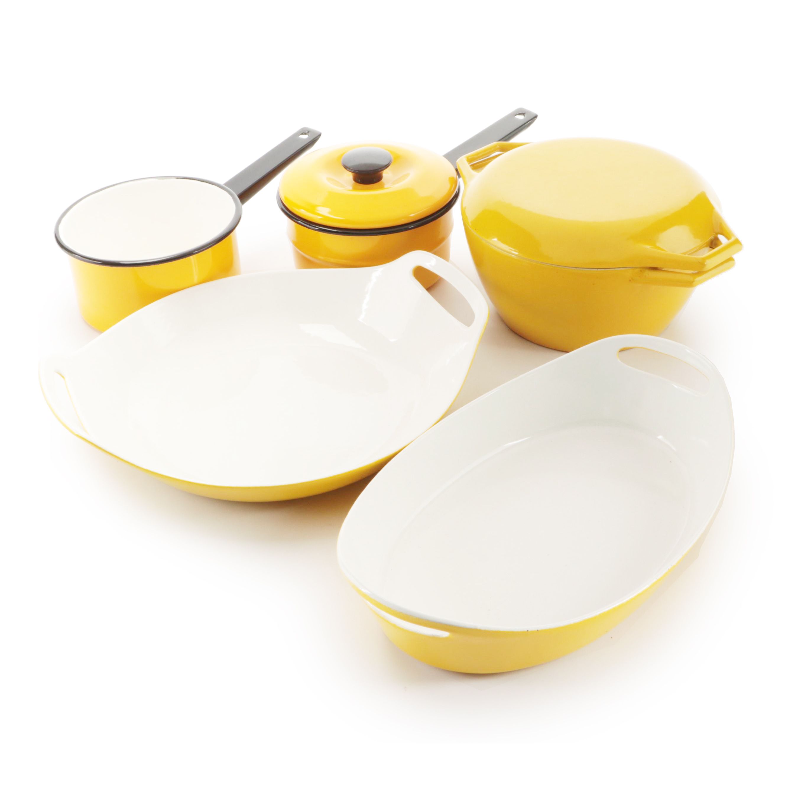 Copco Yellow Enameled Cast Iron Paella Pan, Dutch Oven, and Casserole with More