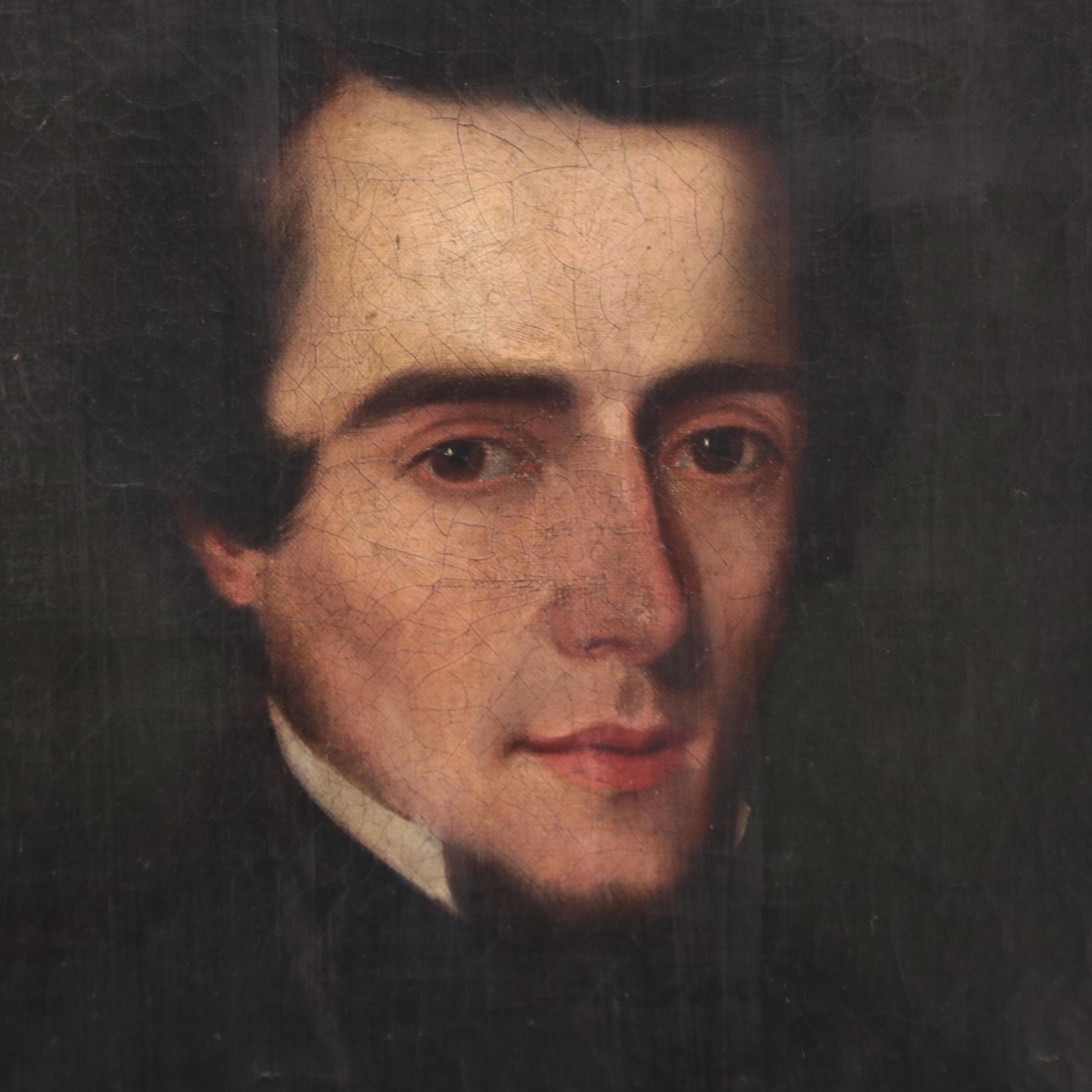 American School Portrait Oil Painting of Young Man in Suit, 19th Century